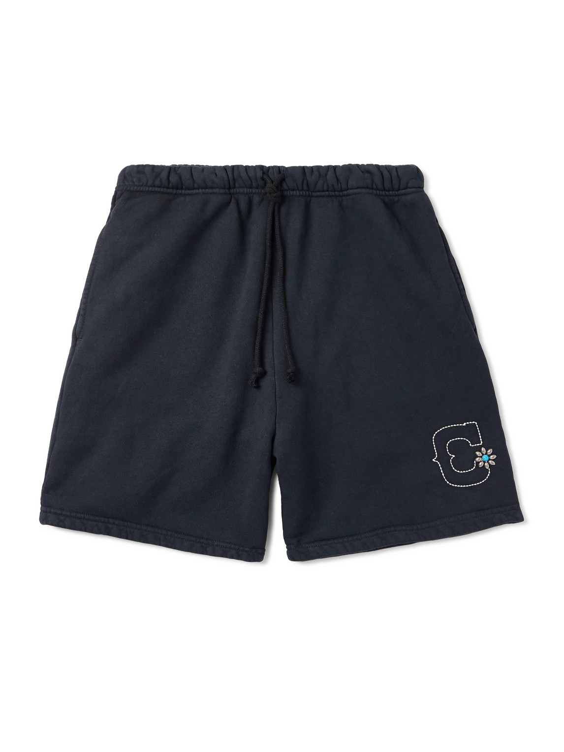 Straight-Leg Studded Logo-Embroidered Cotton-Fleece Shorts