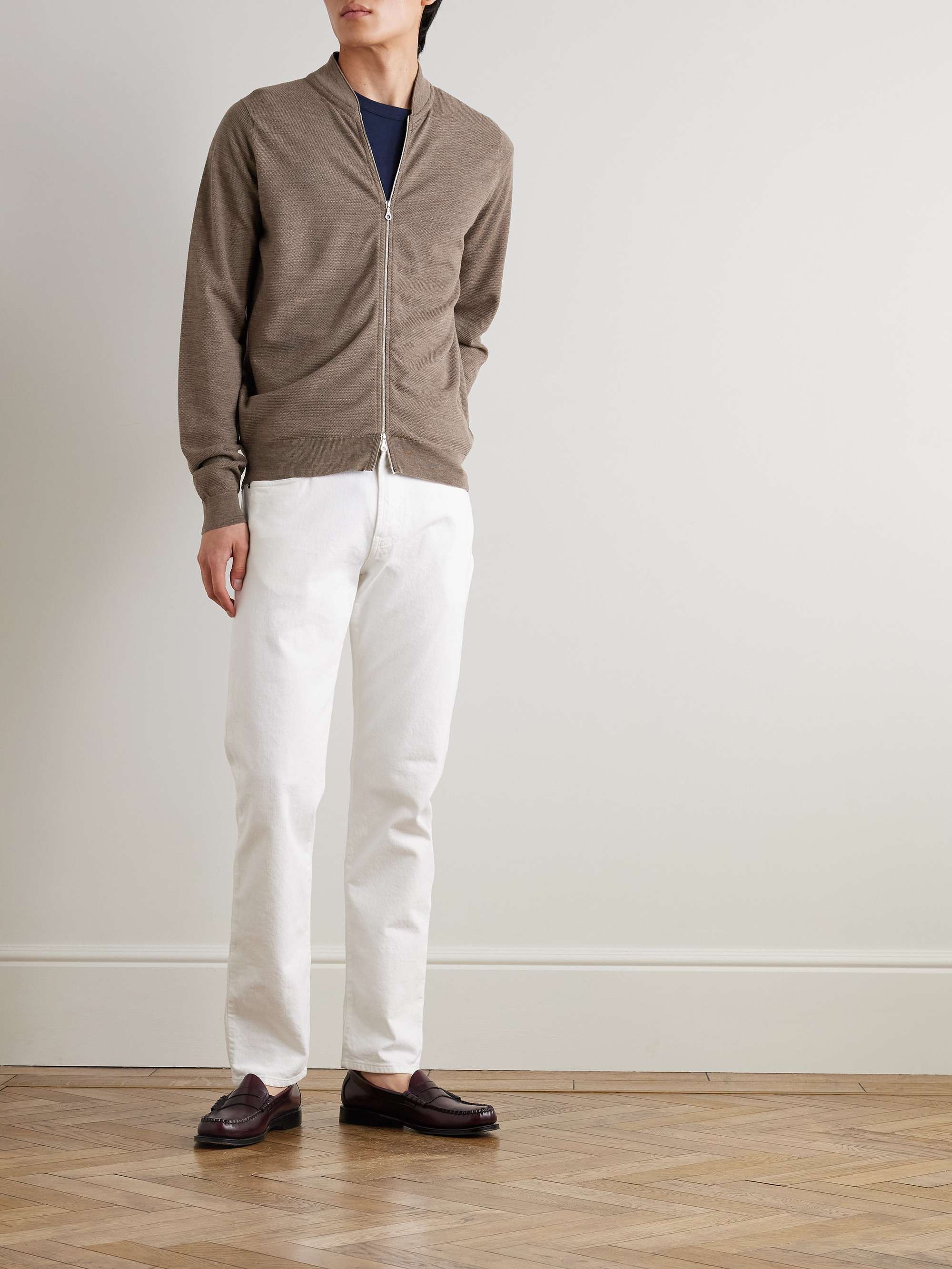 JOHN SMEDLEY Honeycomb-Knit Merino Wool Zip-Up Cardigan