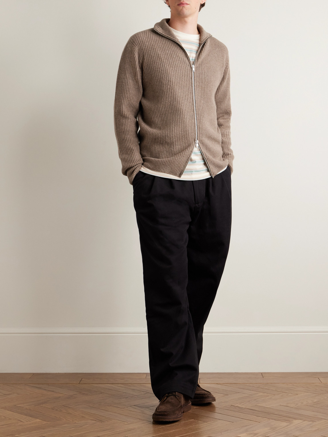 John Smedley Mallam Ribbed Recycled-cashmere And Merino Wool-blend Zip-up Cardigan In Neutral