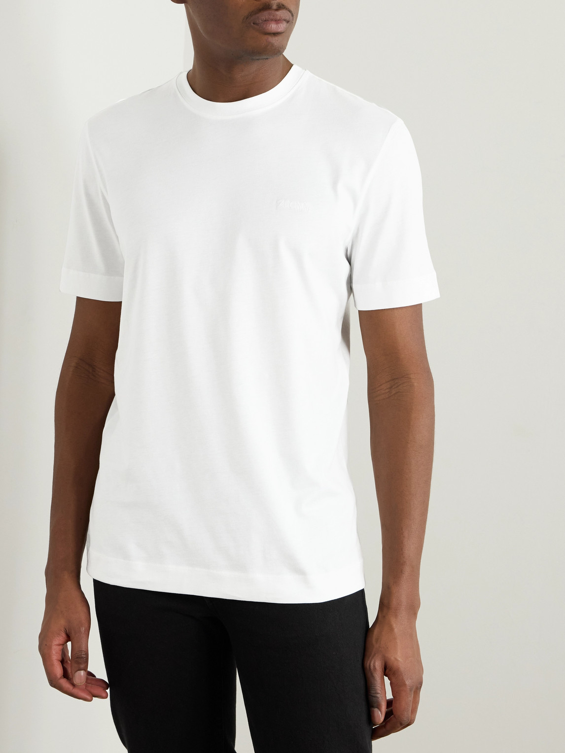 Shop Zegna Slim-fit Logo-embroidered Cotton-jersey T-shirt In White