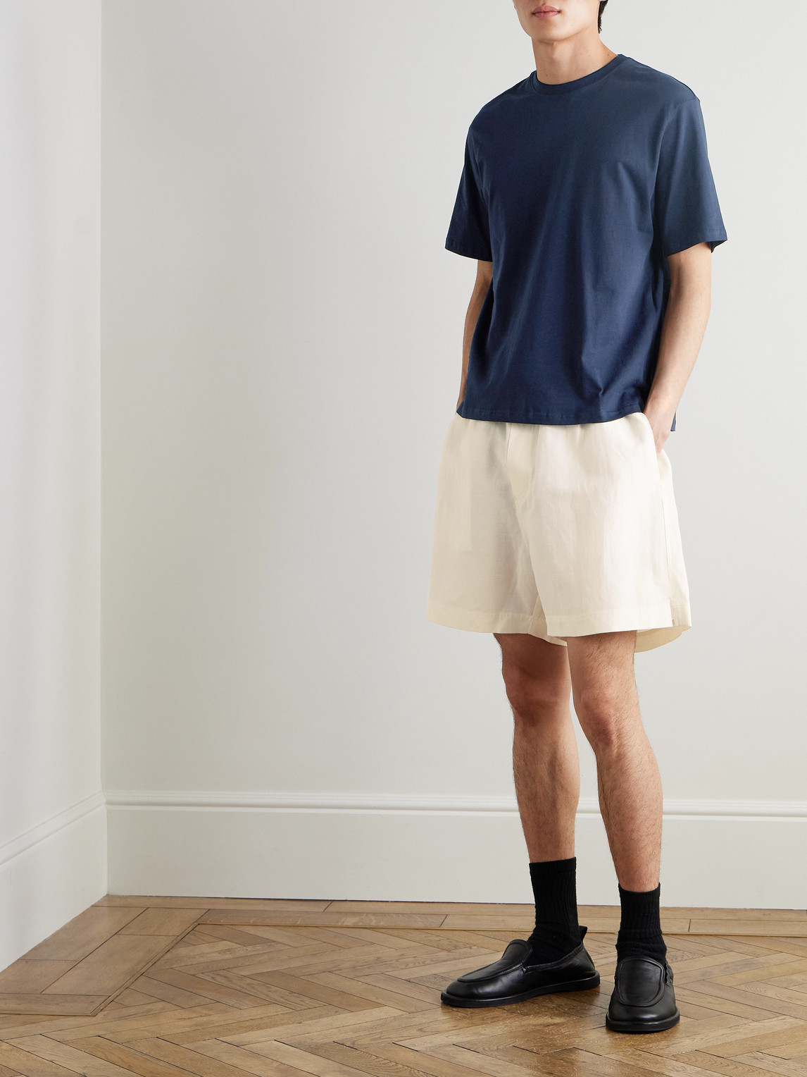 Studio Nicholson Starboard Wide-leg Linen And Wool-blend Drawstring Shorts