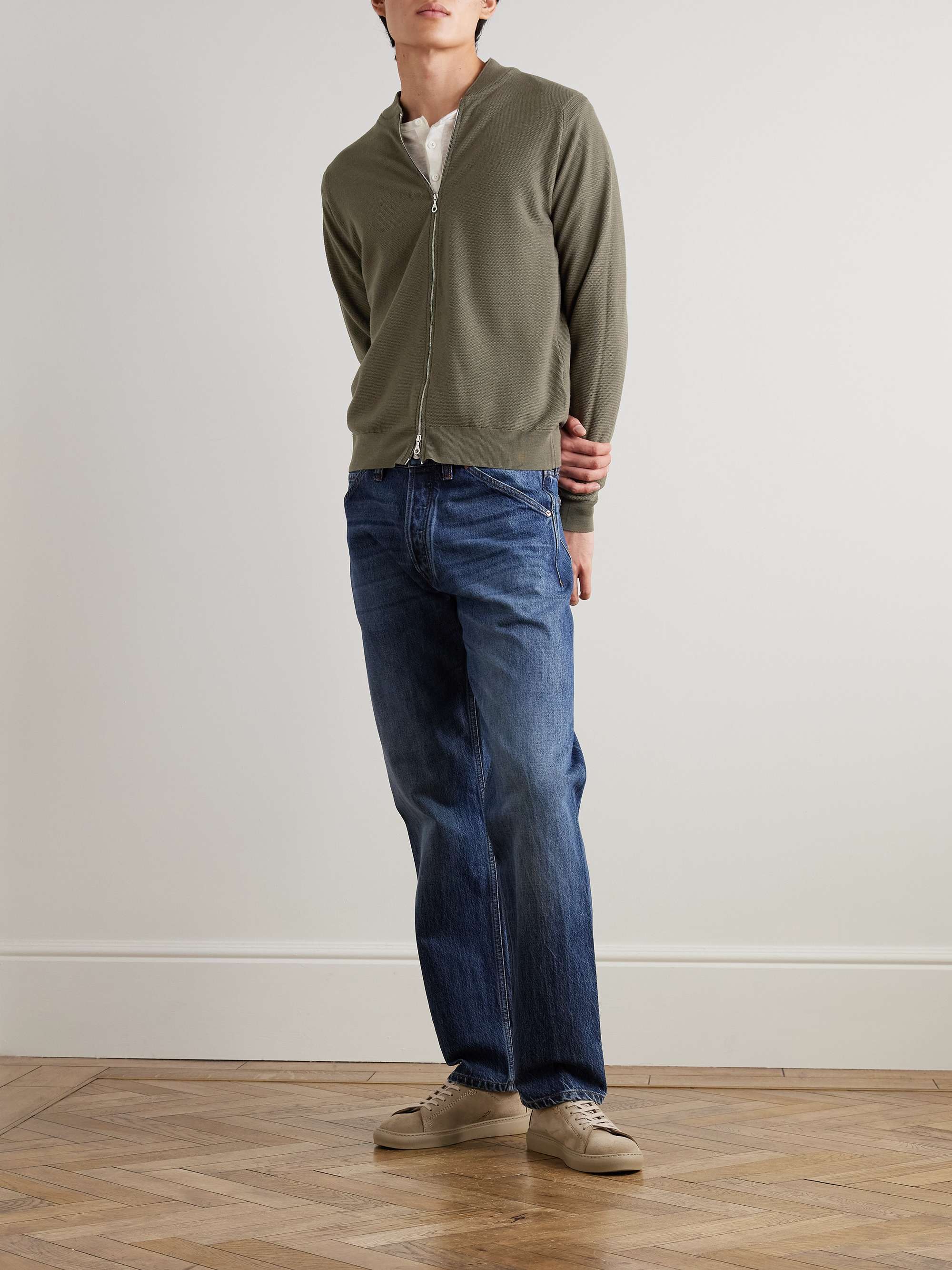 JOHN SMEDLEY Honeycomb-Knit Merino Wool Zip-Up Cardigan