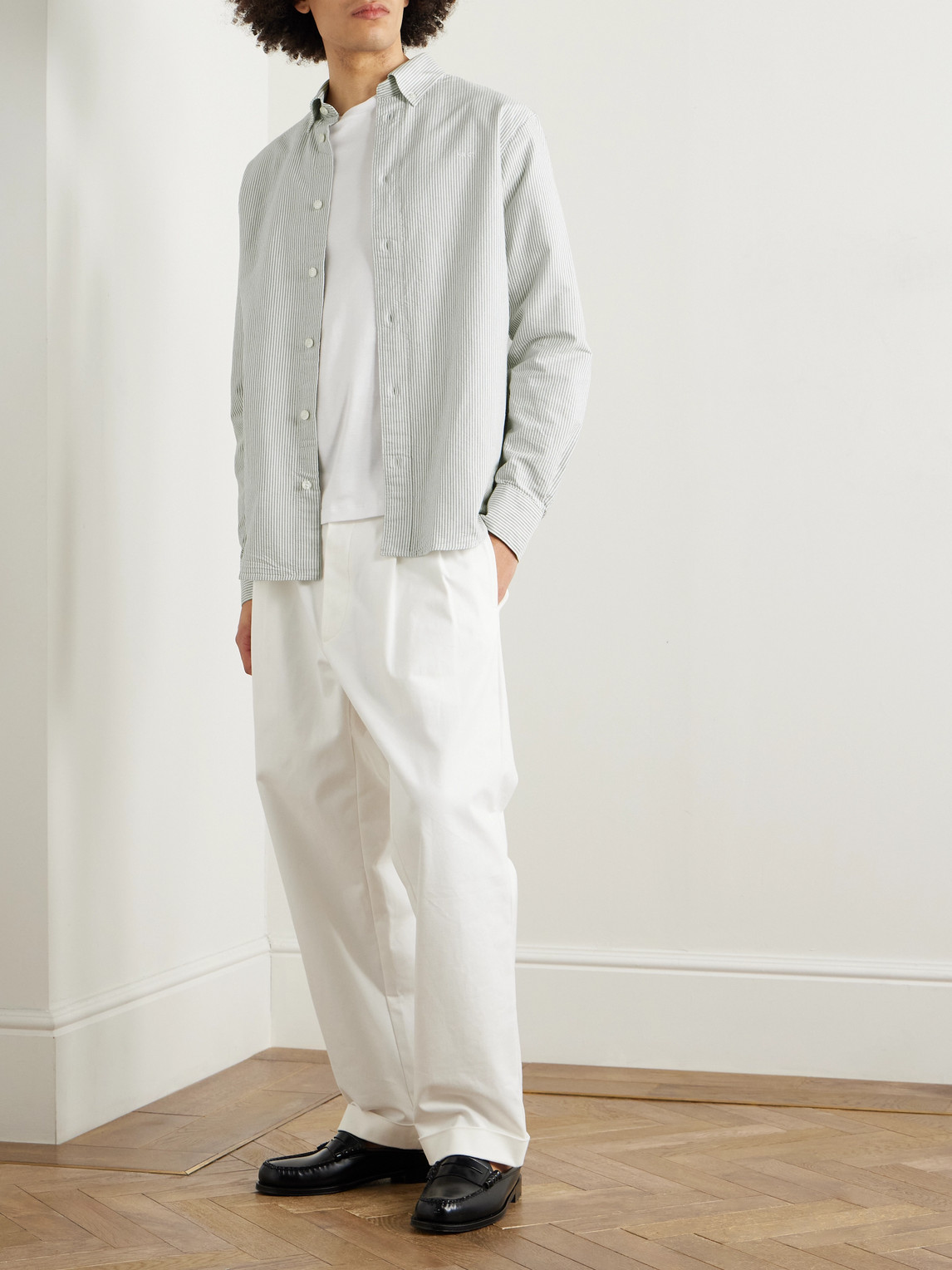 Nn07 Colby 5910 Button-down Collar Logo-embroidered Striped Organic Cotton Shirt In Green