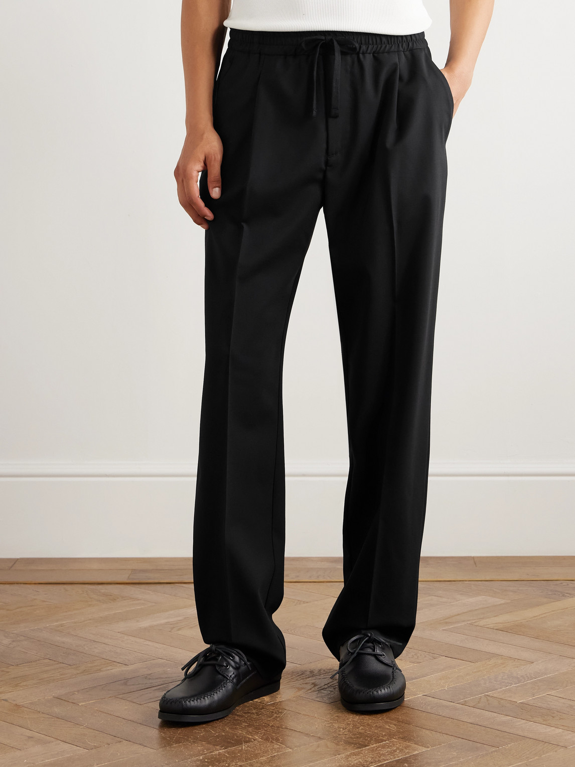 Altea Straight-leg Pleated Worsted Wool-blend Drawstring Trousers In Black