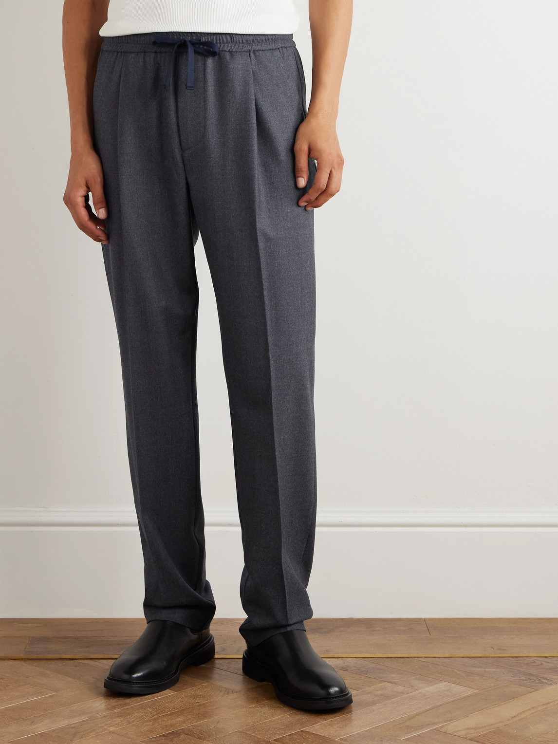 Altea Jared Straight-leg Pleated Wool-blend Flannel Drawstring Trousers In Gray