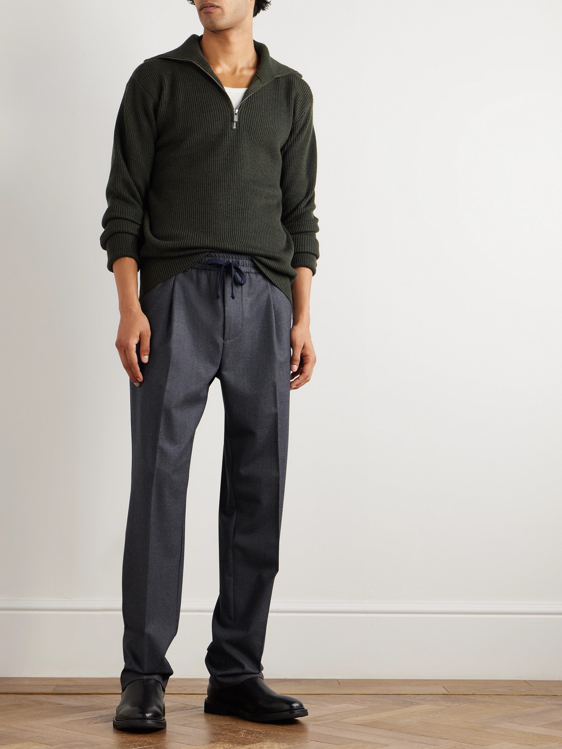 Altea Jared Straight-leg Pleated Wool-blend Flannel Drawstring Trousers In Gray