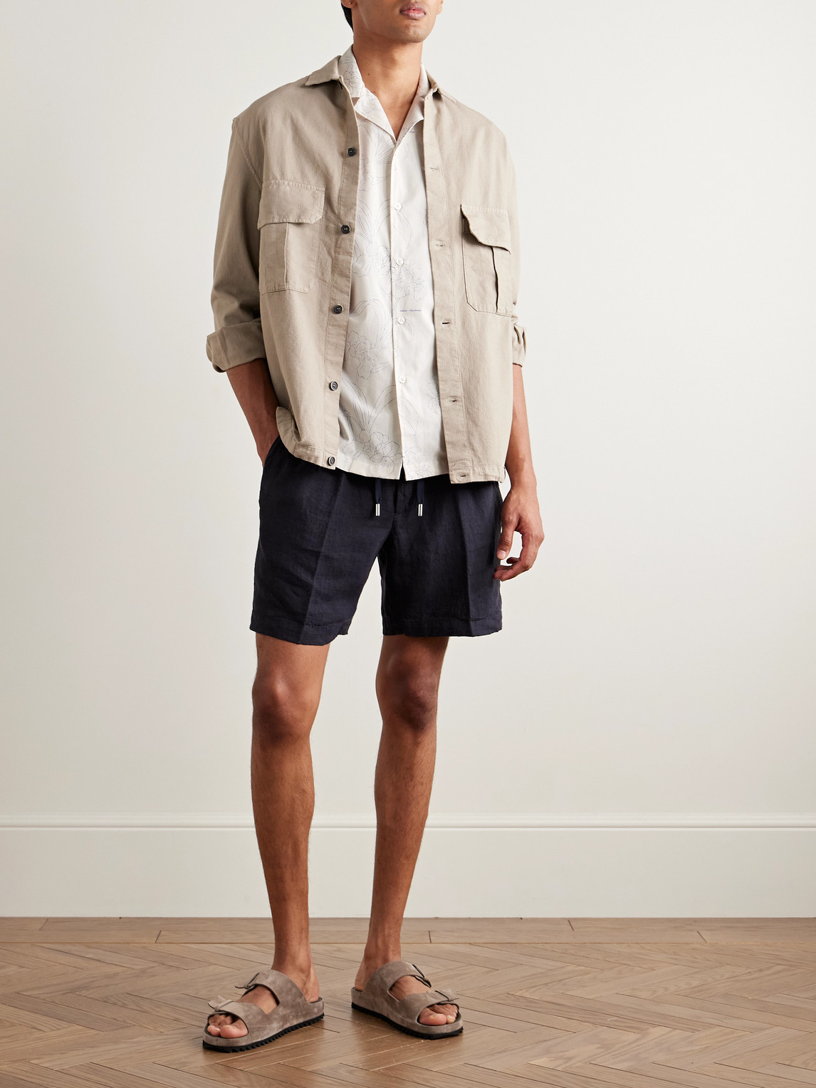 Altea Bart Slim-fit Convertible-collar Floral-print Cotton-voile Shirt In Neutrals