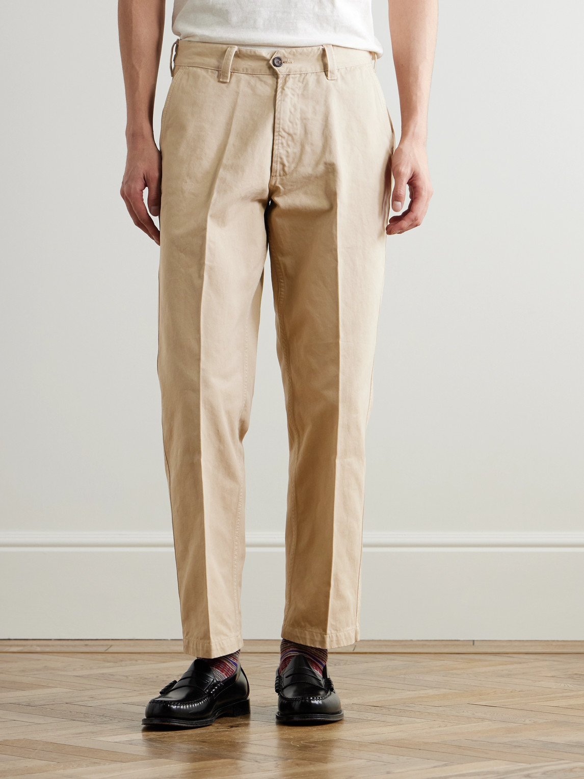 Shop Drake's Straight-leg Peached Cotton-twill Trousers In Neutrals