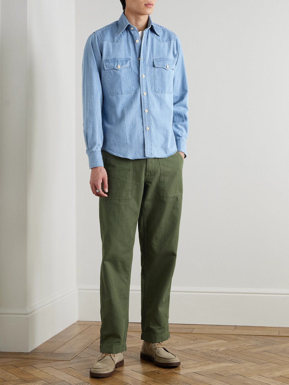 Shop Drake's Denim Western Shirt In Blue
