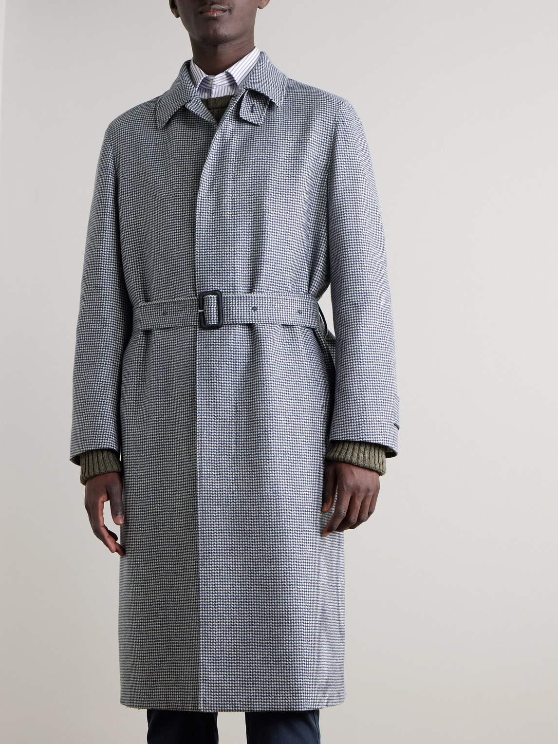Dunhill Belted Houndstooth Cashmere Coat In White
