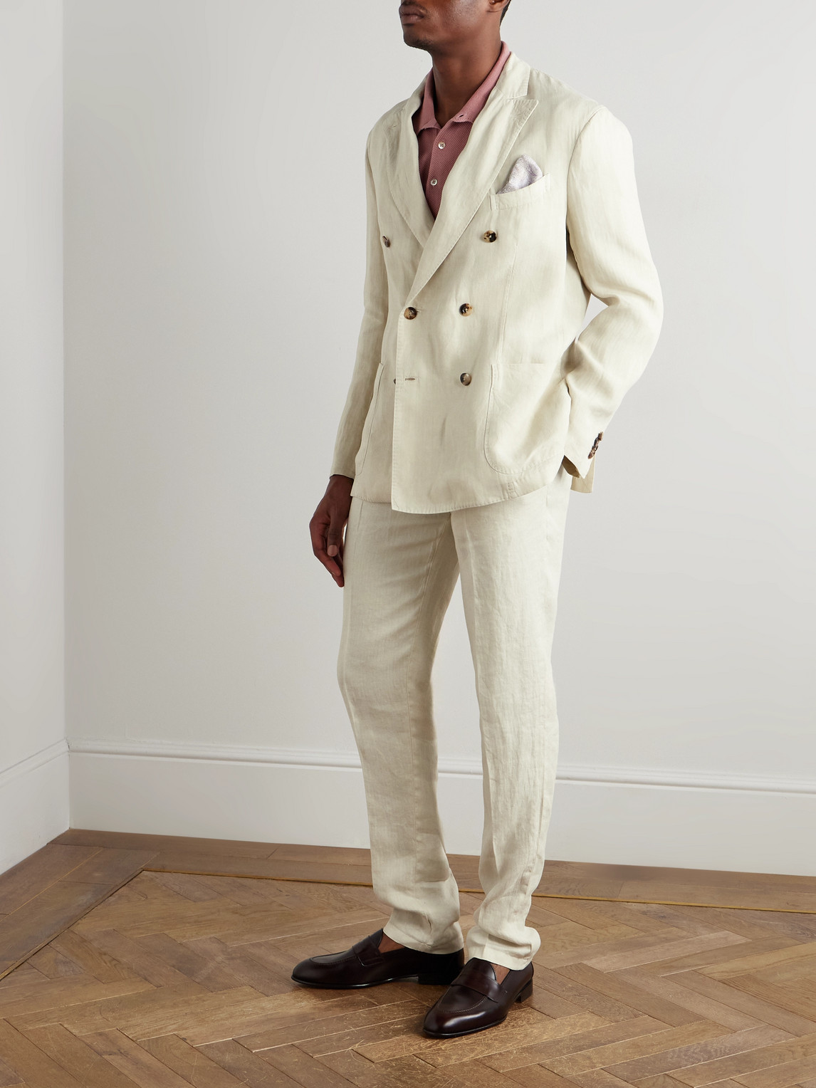 Boglioli Double-breasted Herringbone Linen Suit Jacket In Neutral