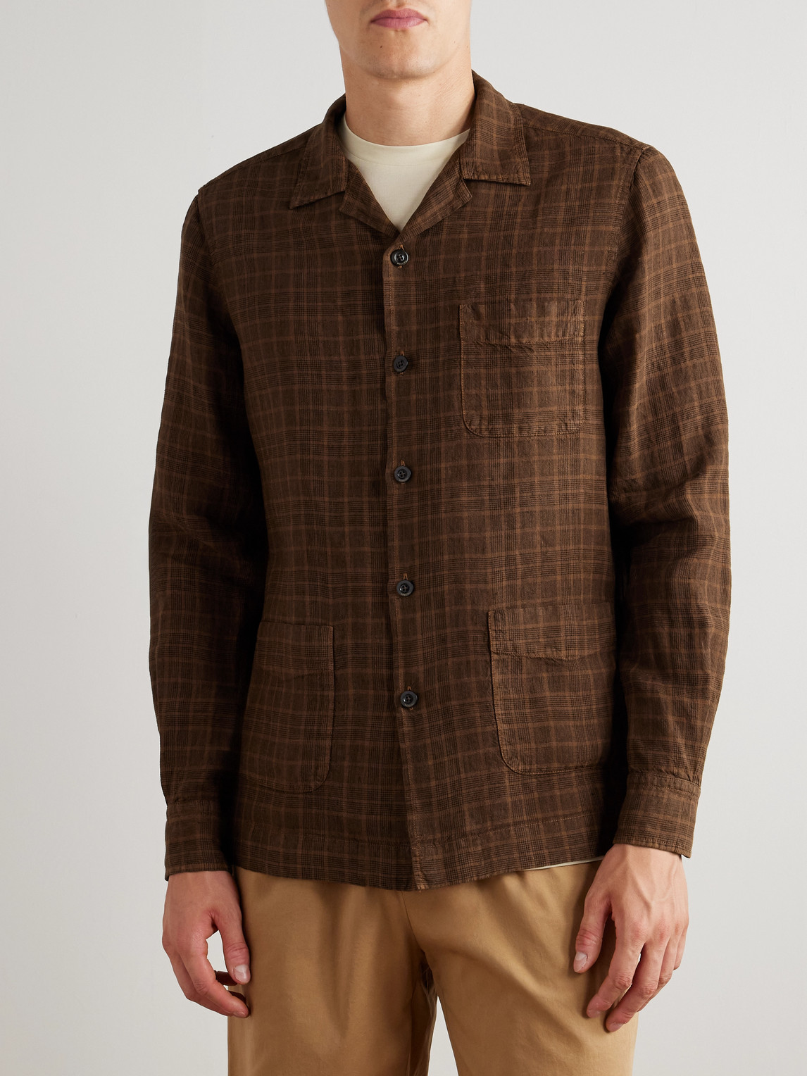 Boglioli Camp-collar Checked Linen Overshirt In Brown