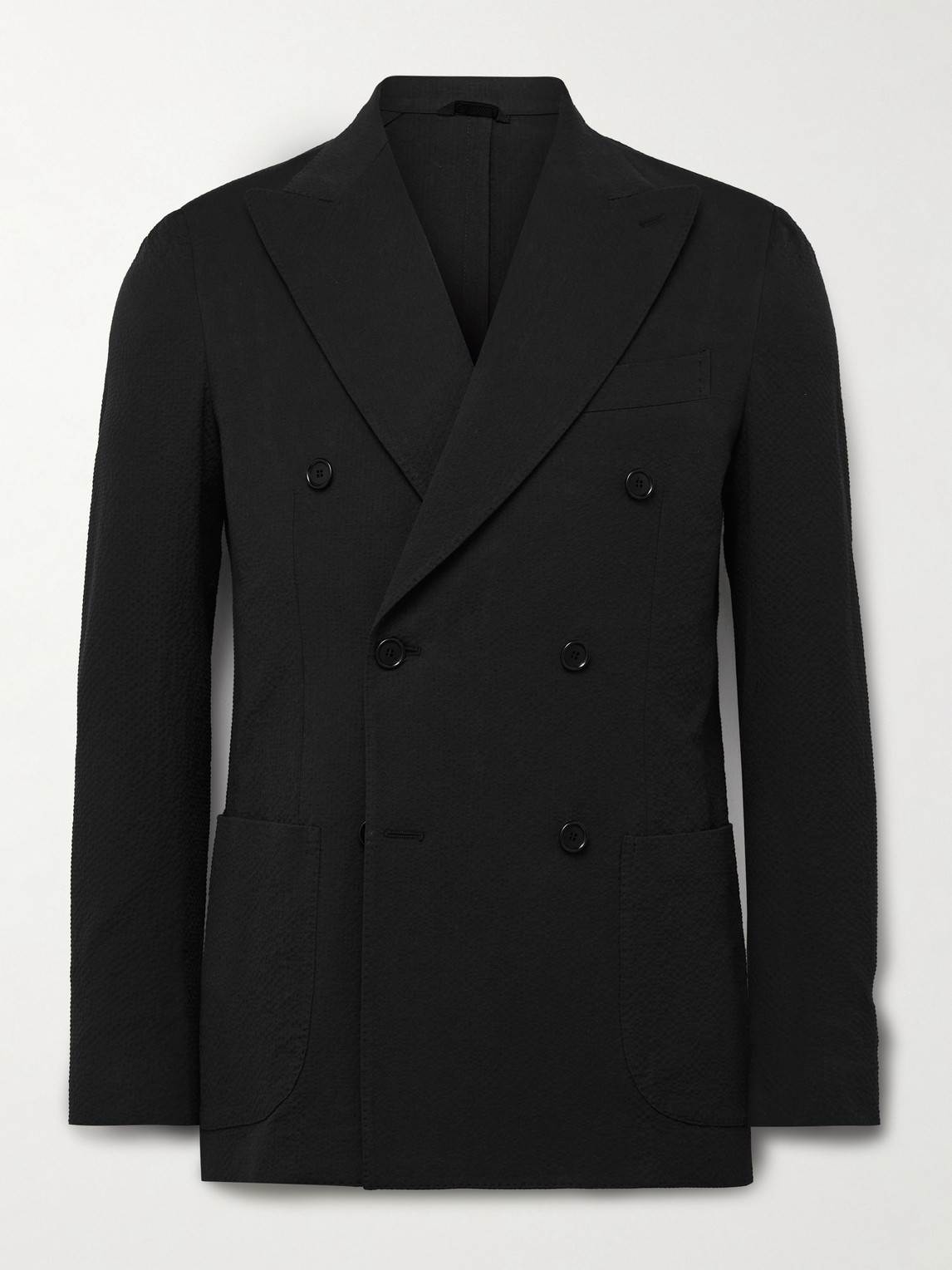 De Petrillo Vesuvio Slim-fit Double-breasted Cotton-blend Seersucker Suit Jacket In Black