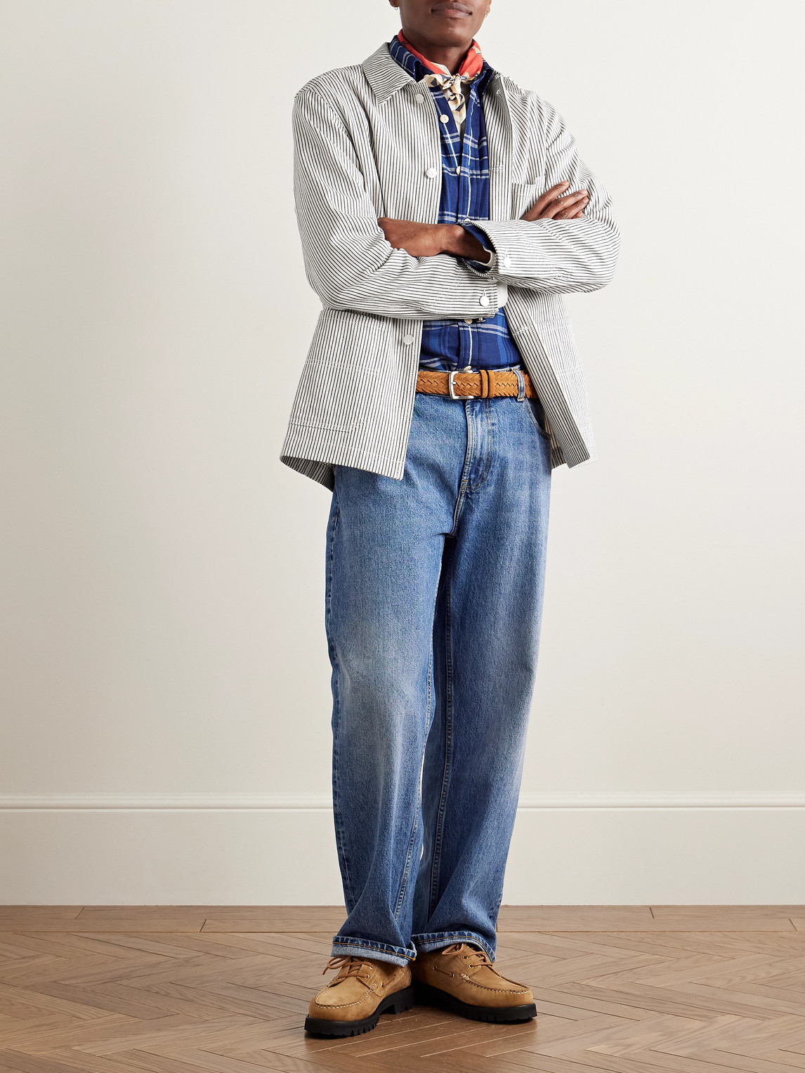 Shop Drake's Stoker Striped Cotton Overshirt In White