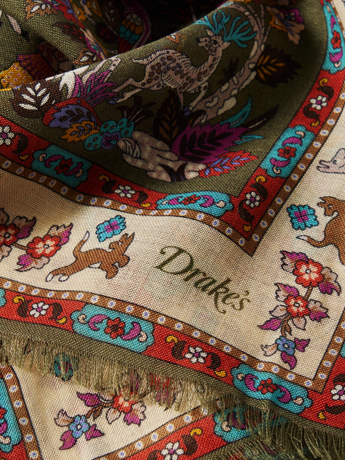 Drake's Summer Moghul Frayed Printed Wool And Silk-blend Scarf In Green