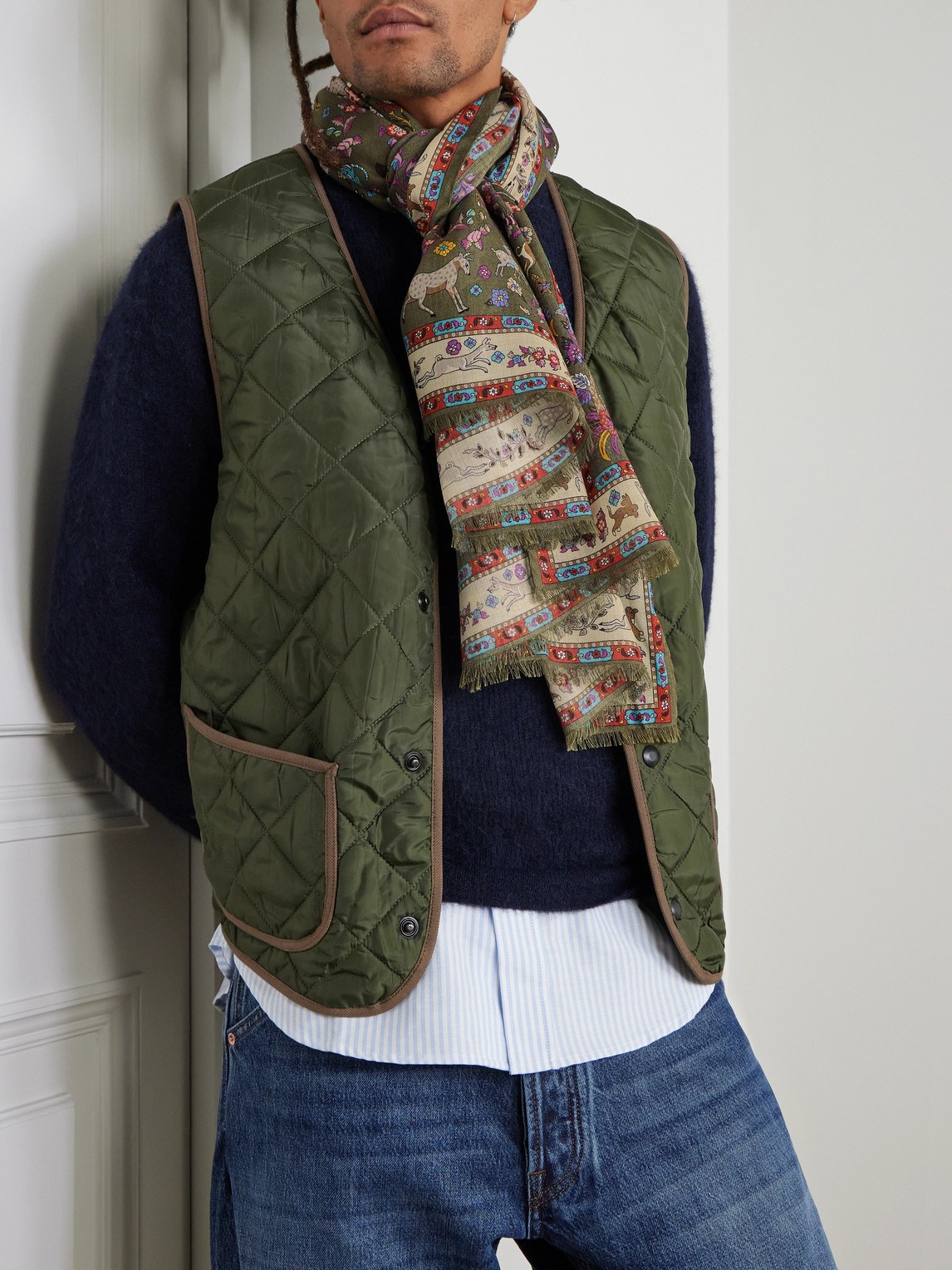 Drake's Summer Moghul Frayed Printed Wool And Silk-blend Scarf In Green
