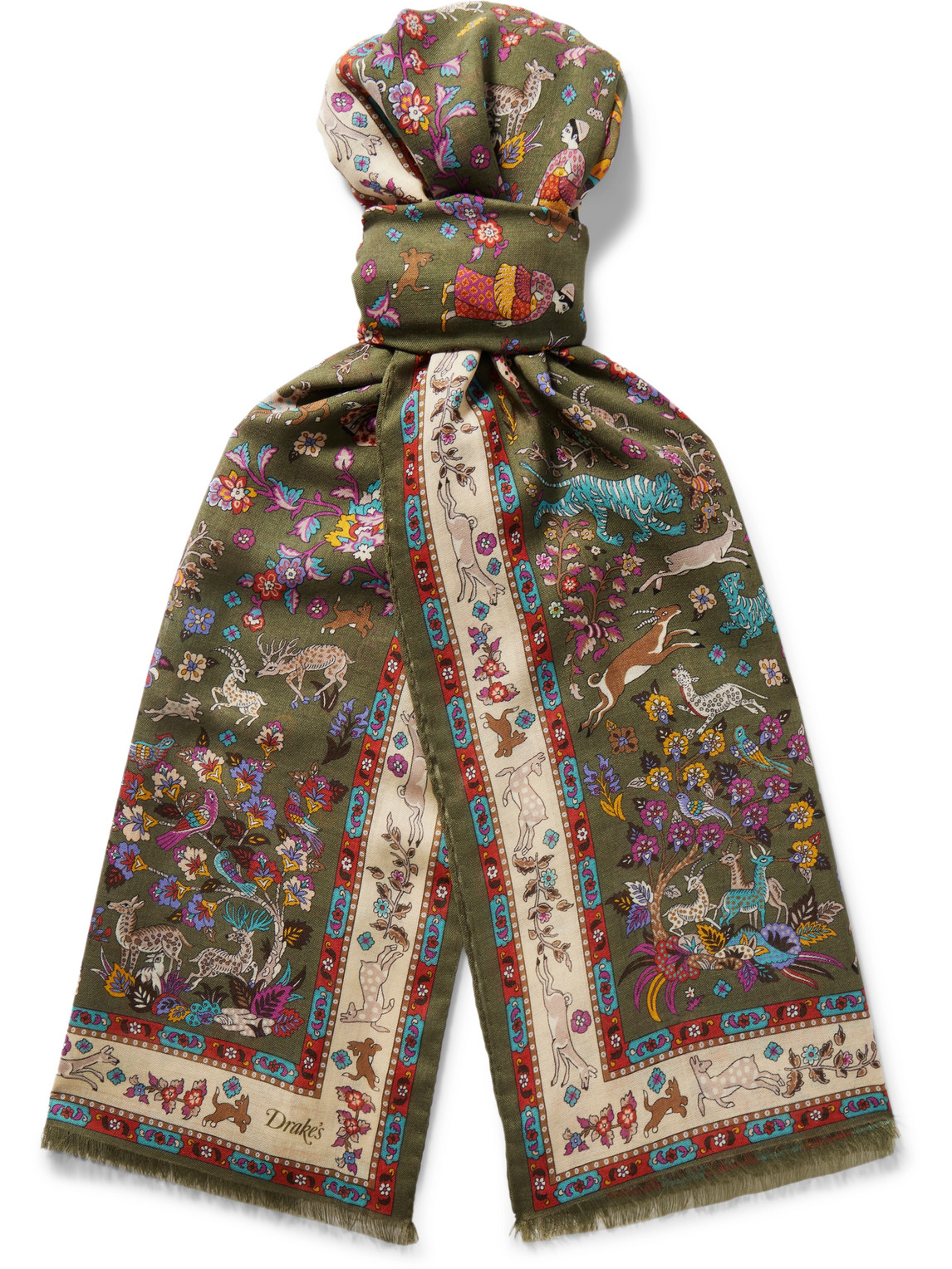 Drake's Summer Moghul Frayed Printed Wool And Silk-blend Scarf In Green