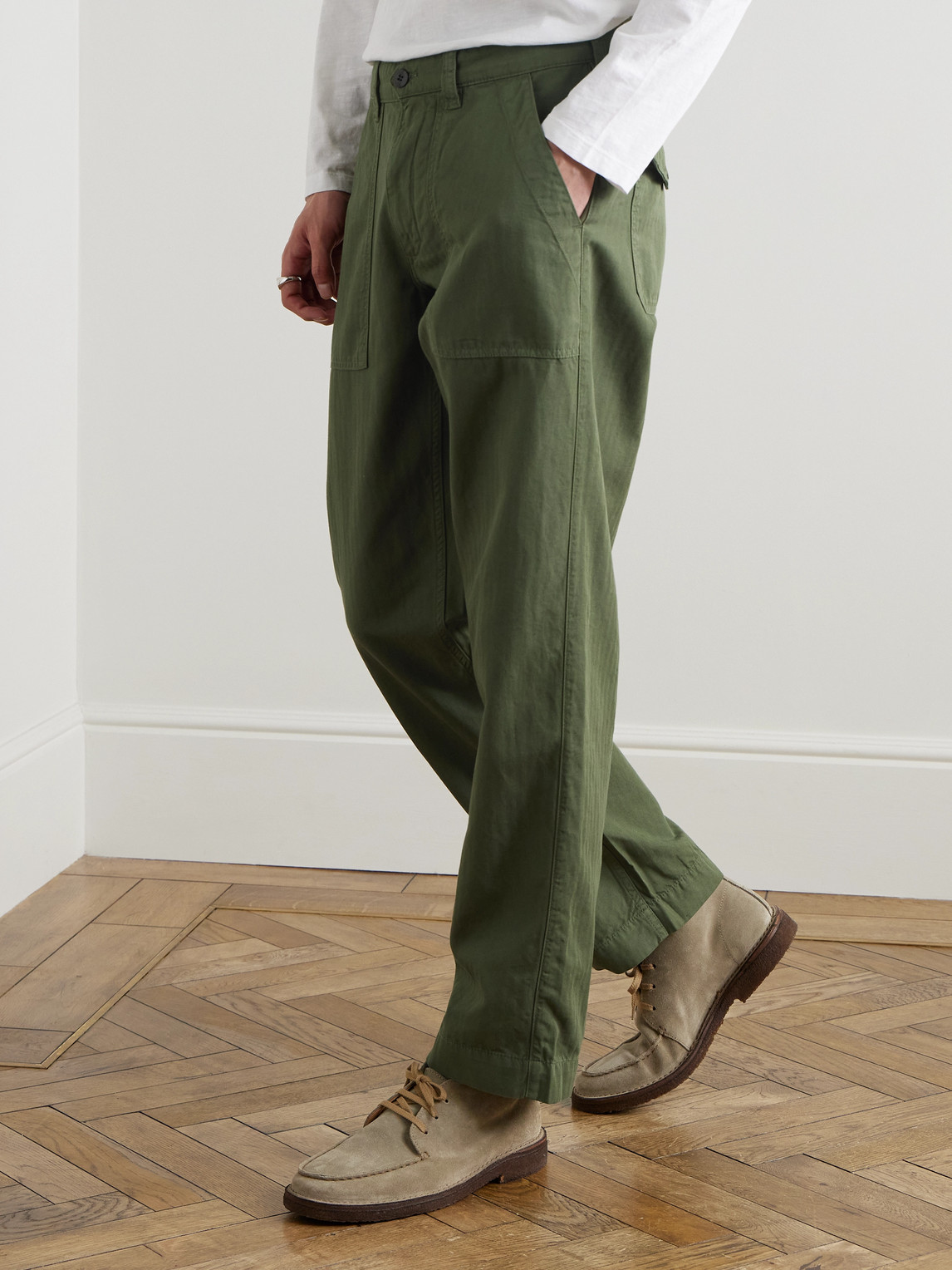 Shop Drake's Tapered Herringbone Cotton And Linen-blend Twill Trousers In Green