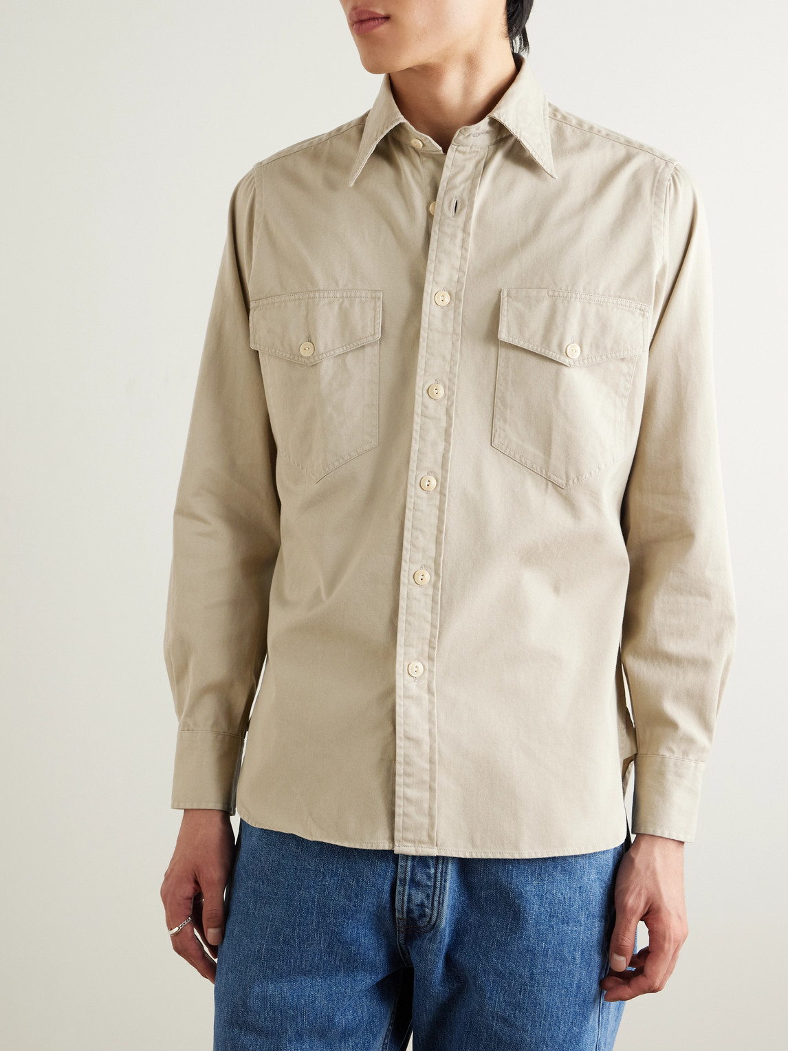 Drake's Beige Stone Cotton Long Point Collar Work Shirt In Gray