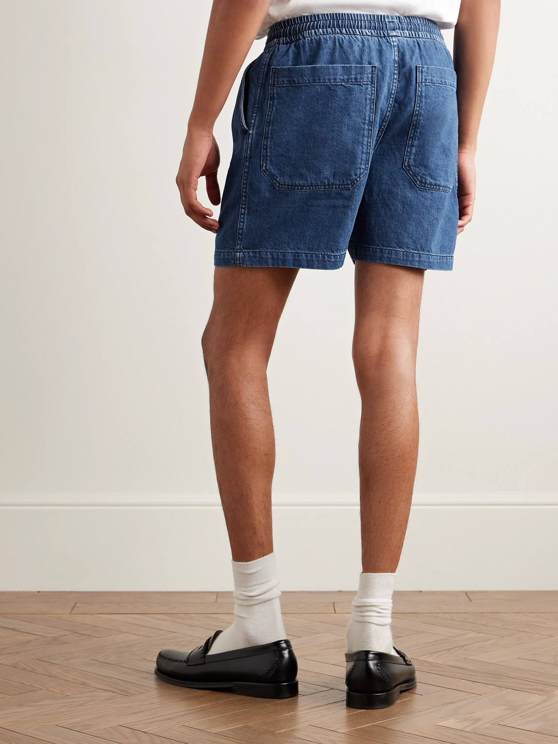 DRAKE'S SLIM-FIT STRAIGHT-LEG STONE-WASHED DENIM DRAWSTRING SHORTS 