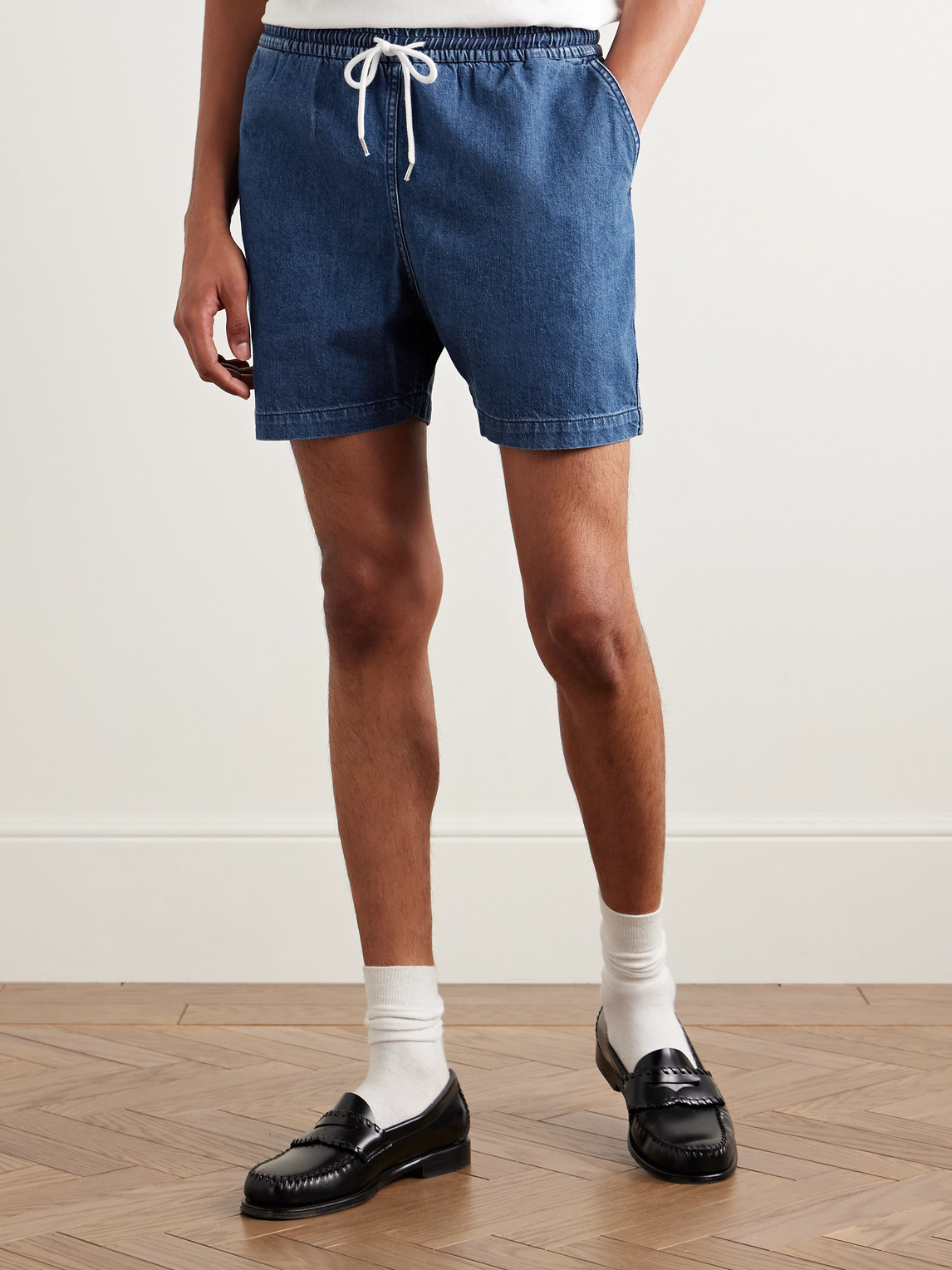 DRAKE'S SLIM-FIT STRAIGHT-LEG STONE-WASHED DENIM DRAWSTRING SHORTS 