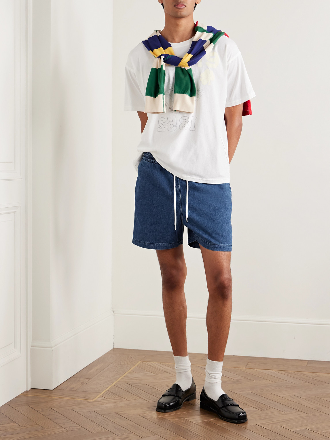 DRAKE'S SLIM-FIT STRAIGHT-LEG STONE-WASHED DENIM DRAWSTRING SHORTS 