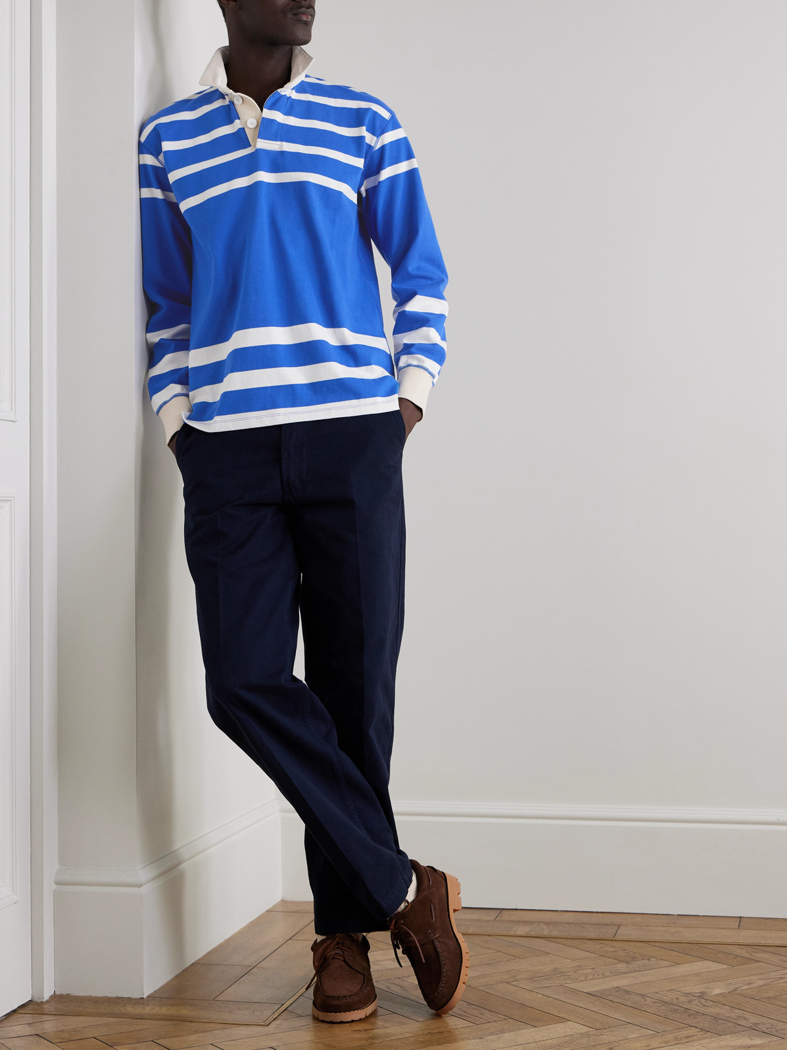 Drake's Striped Cotton-jersey Polo Shirt In Blue