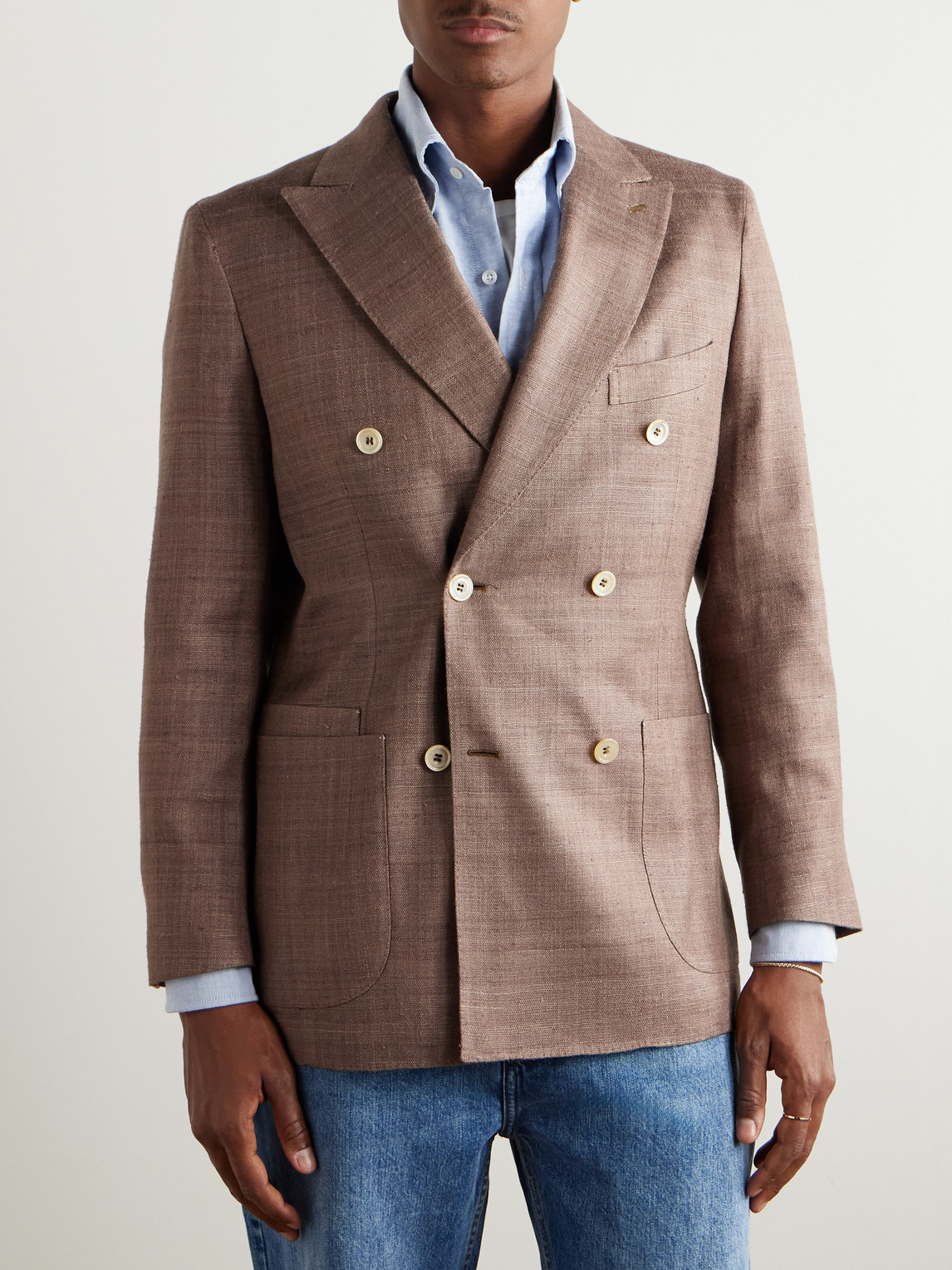 Shop Drake's Double-breasted Silk Blazer In Brown