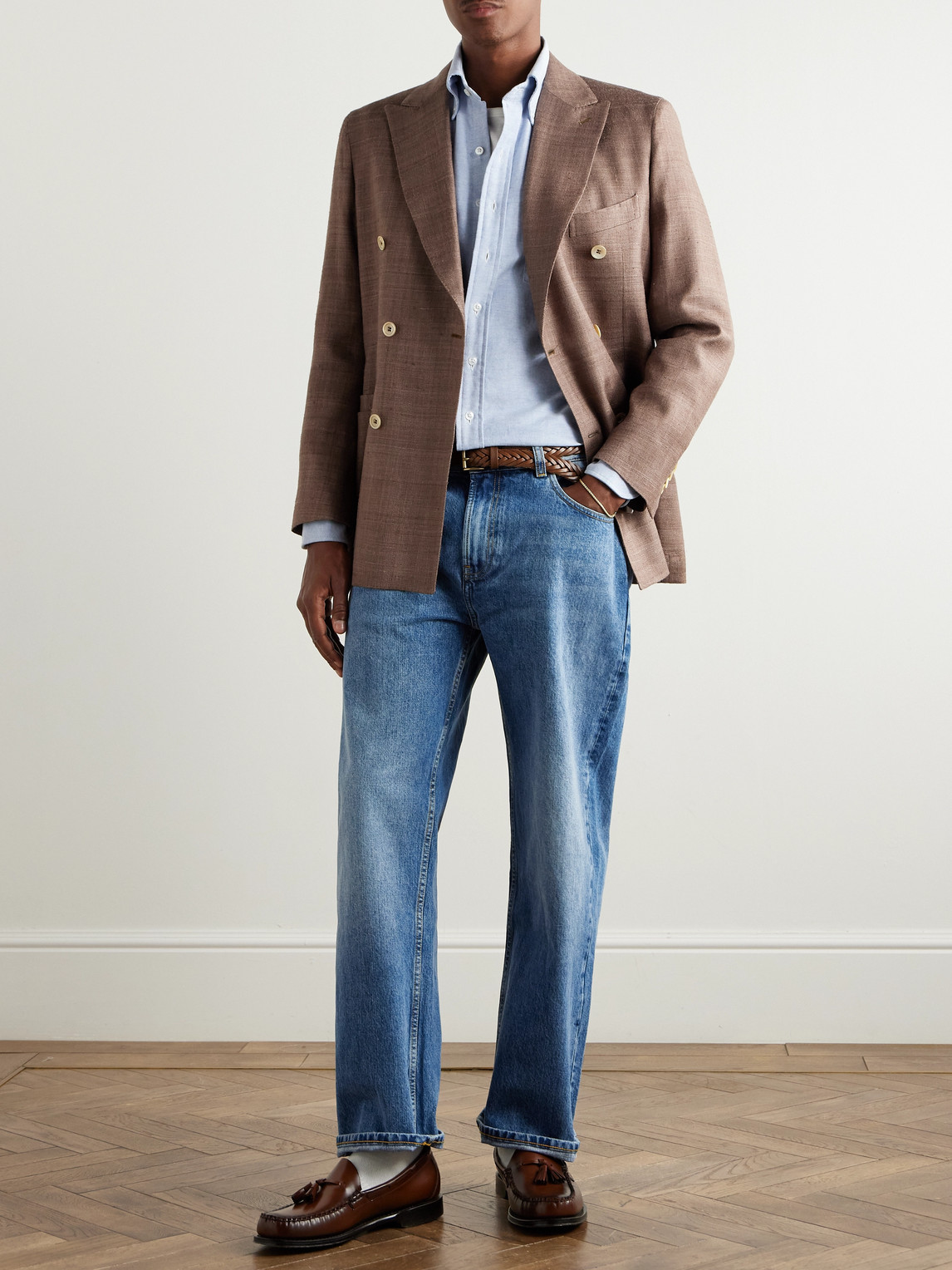 Shop Drake's Double-breasted Silk Blazer In Brown