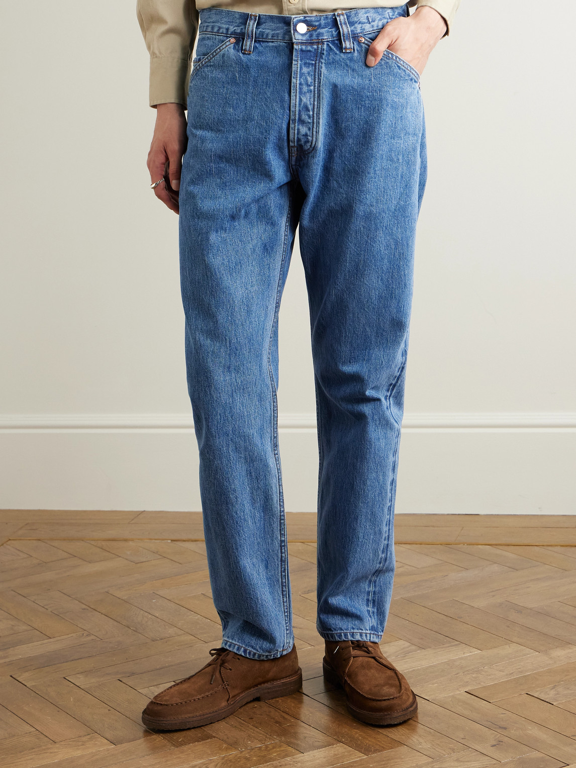 Shop Drake's Tapered Selvedge Denim Jeans In Blue
