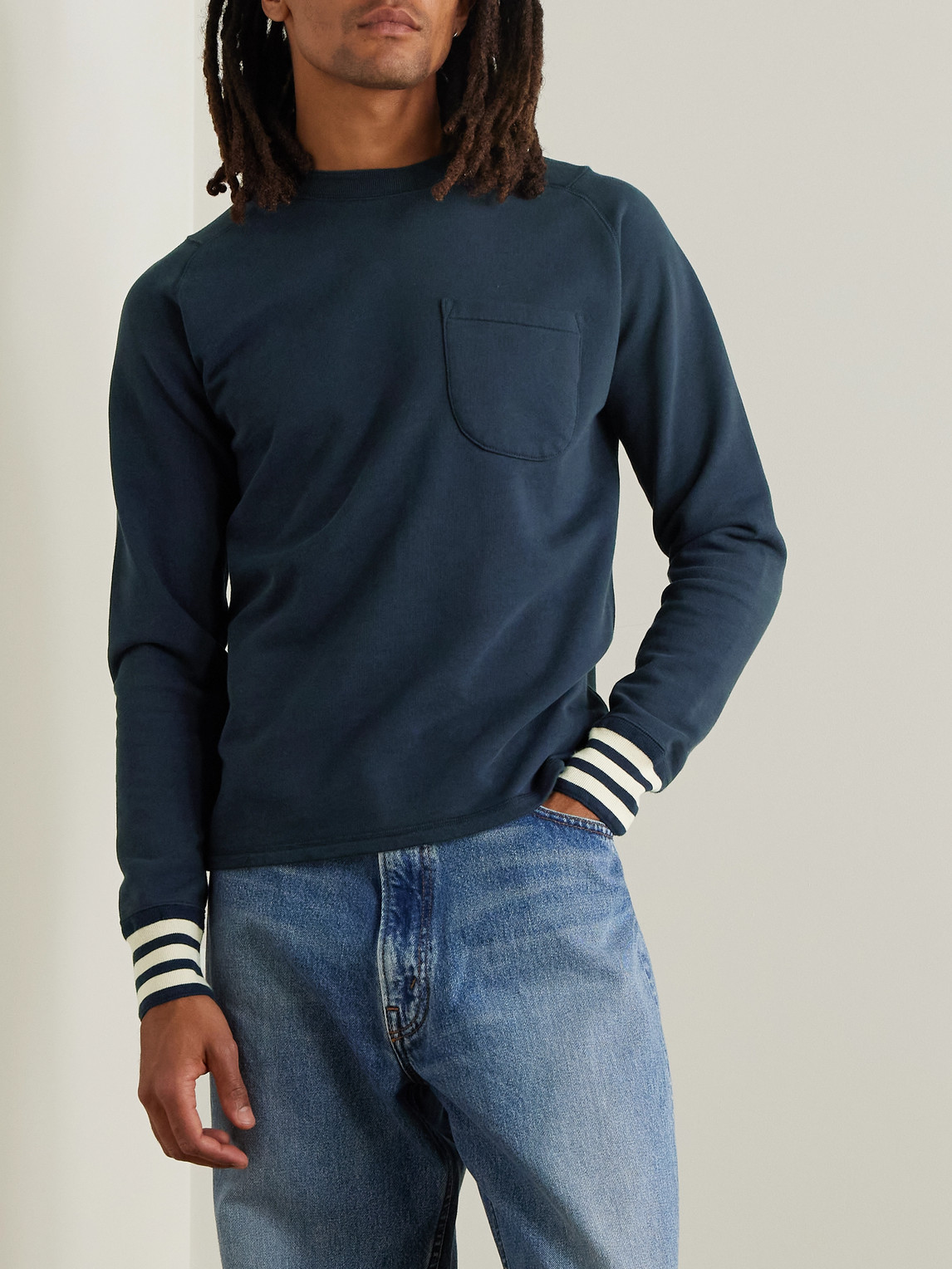 DRAKE'S LOGO-EMBROIDERED STRIPED COTTON-JERSEY SWEATSHIRT