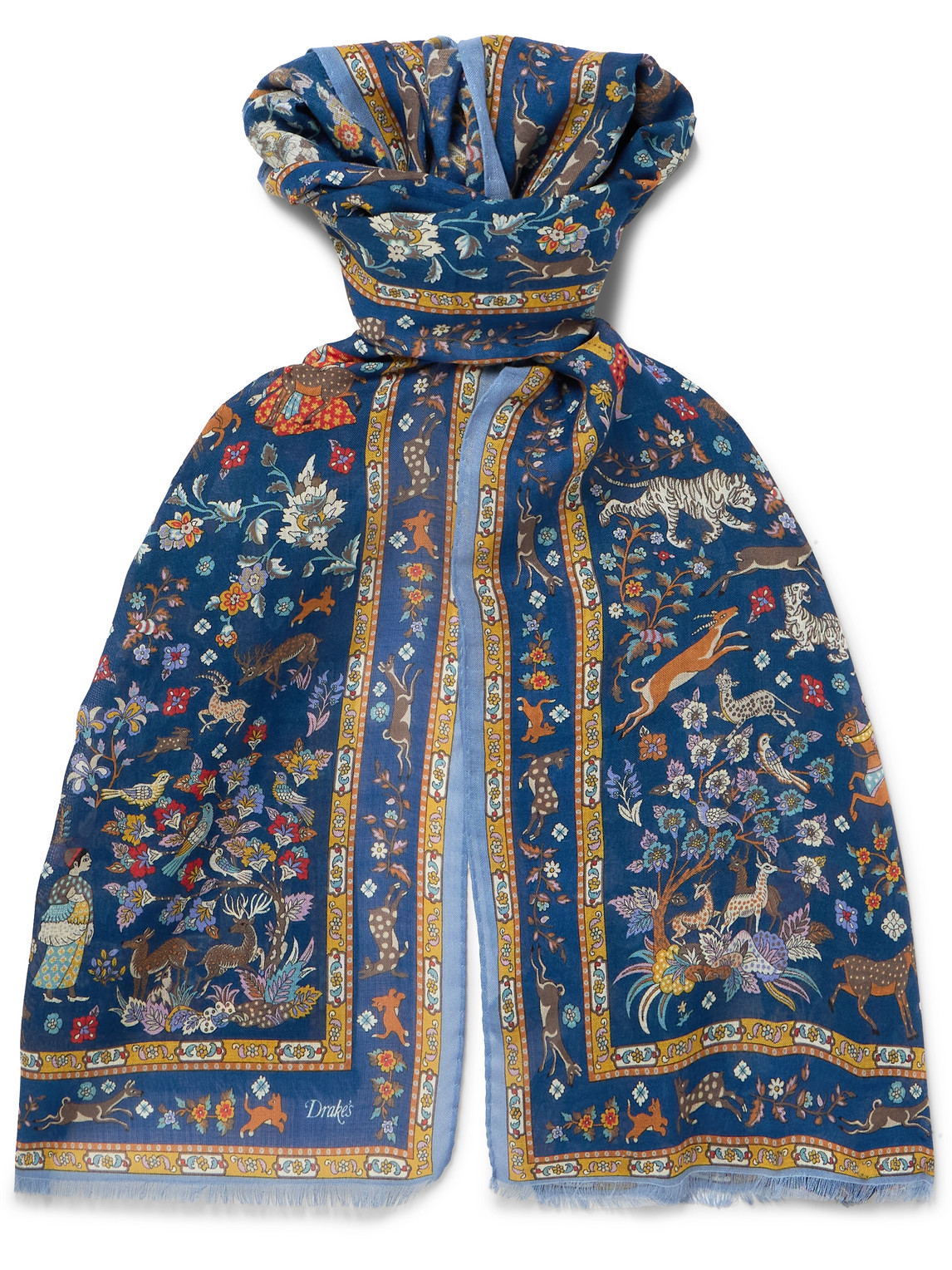 Drake's Mughal Printed Wool And Silk-blend Scarf In Blue