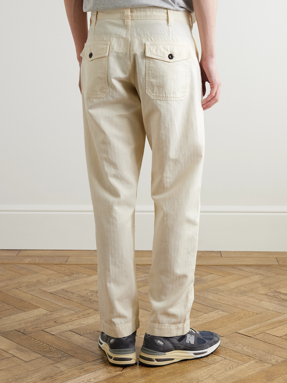 DRAKE'S TAPERED HERRINGBONE COTTON AND LINEN-BLEND TWILL TROUSERS