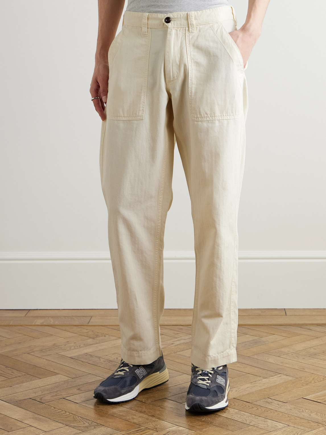 DRAKE'S TAPERED HERRINGBONE COTTON AND LINEN-BLEND TWILL TROUSERS