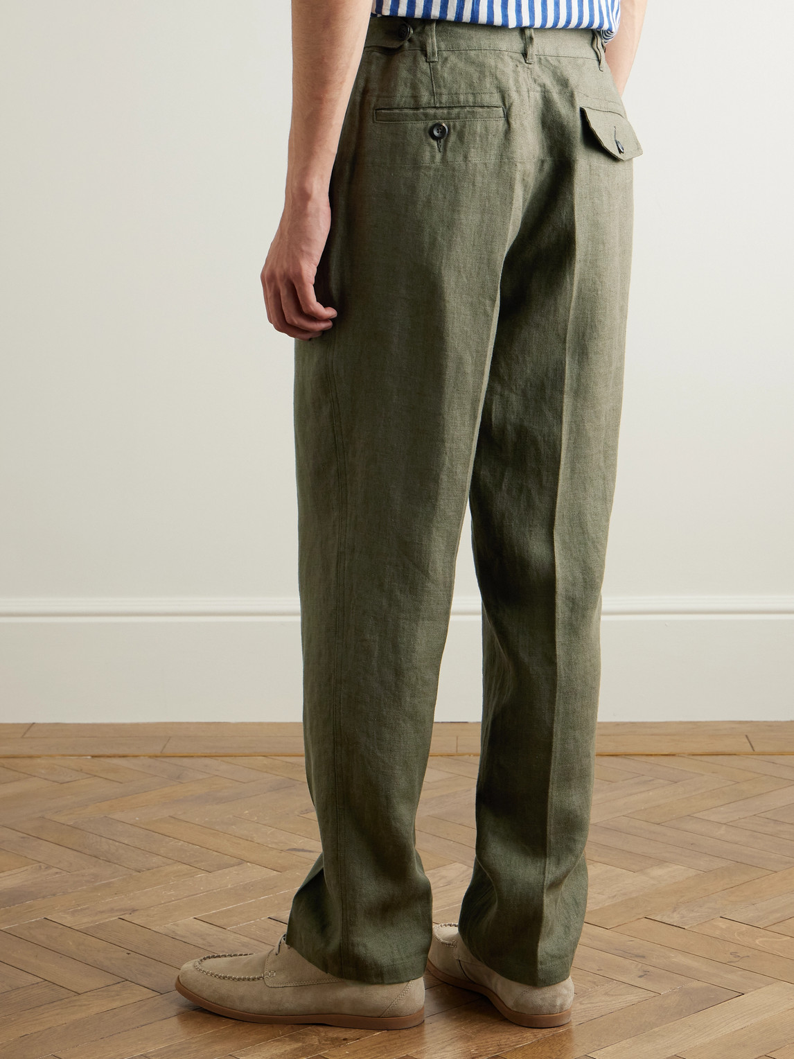 Shop Drake's Games Tapered Pleated Linen Suit Trousers In Green
