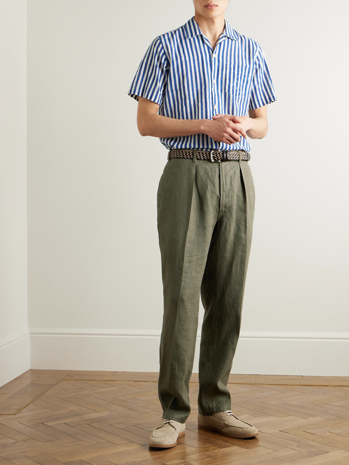 Shop Drake's Games Tapered Pleated Linen Suit Trousers In Green