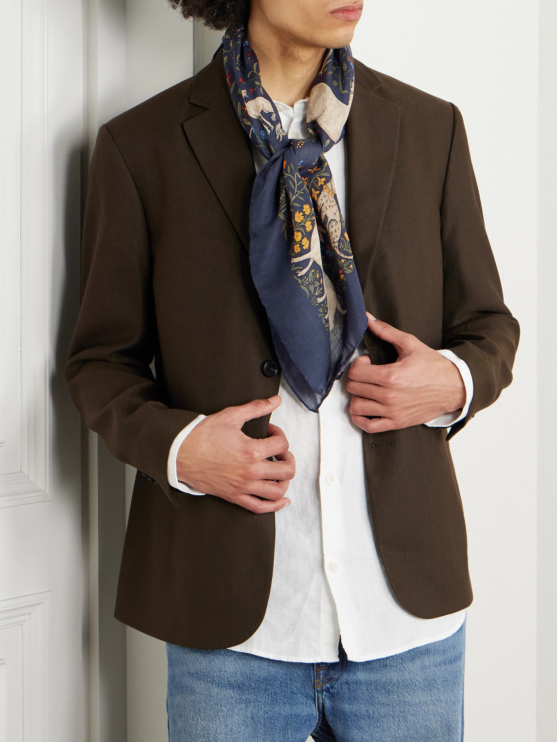 Drake's Mens Navy Unicorn Garden Wool And Silk-blend Scarf In Blue