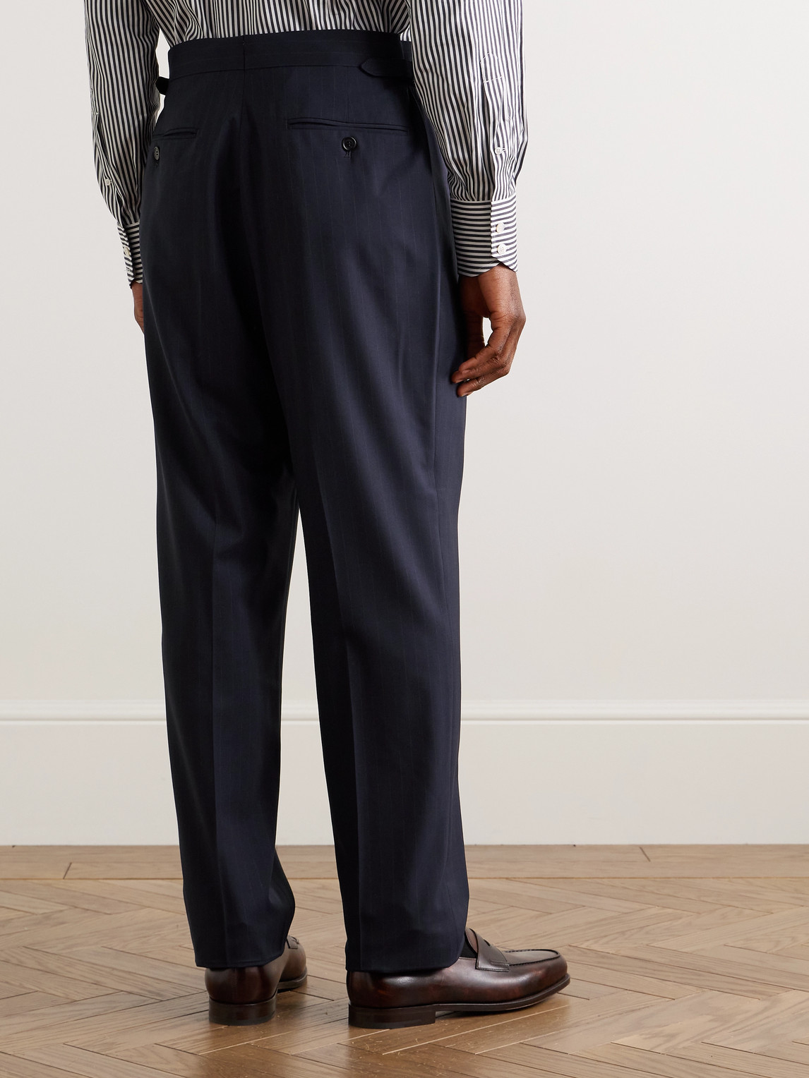 Dunhill Straight-leg Pleated Pinstriped Wool Suit Trousers In Blue
