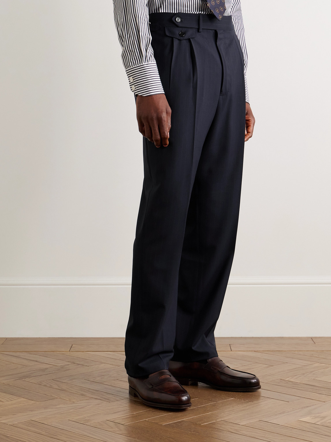 Dunhill Straight-leg Pleated Pinstriped Wool Suit Trousers In Blue