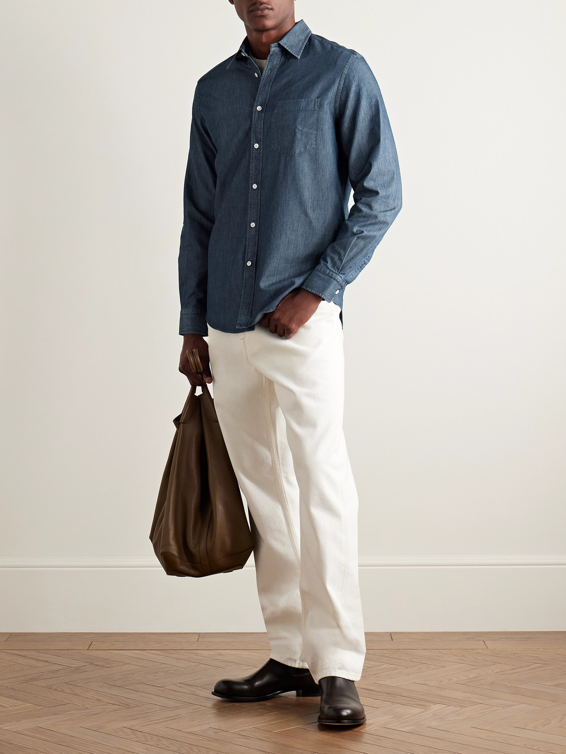 Dunhill Mulberry Silk And Cotton-blend Chambray Shirt In Blue