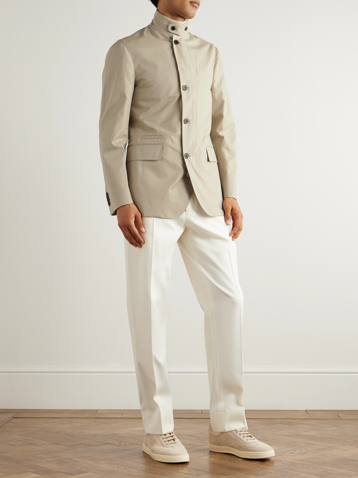 Dunhill Slim-fit Herringbone Cotton And Mulberry Silk-blend Jacket In Neutral