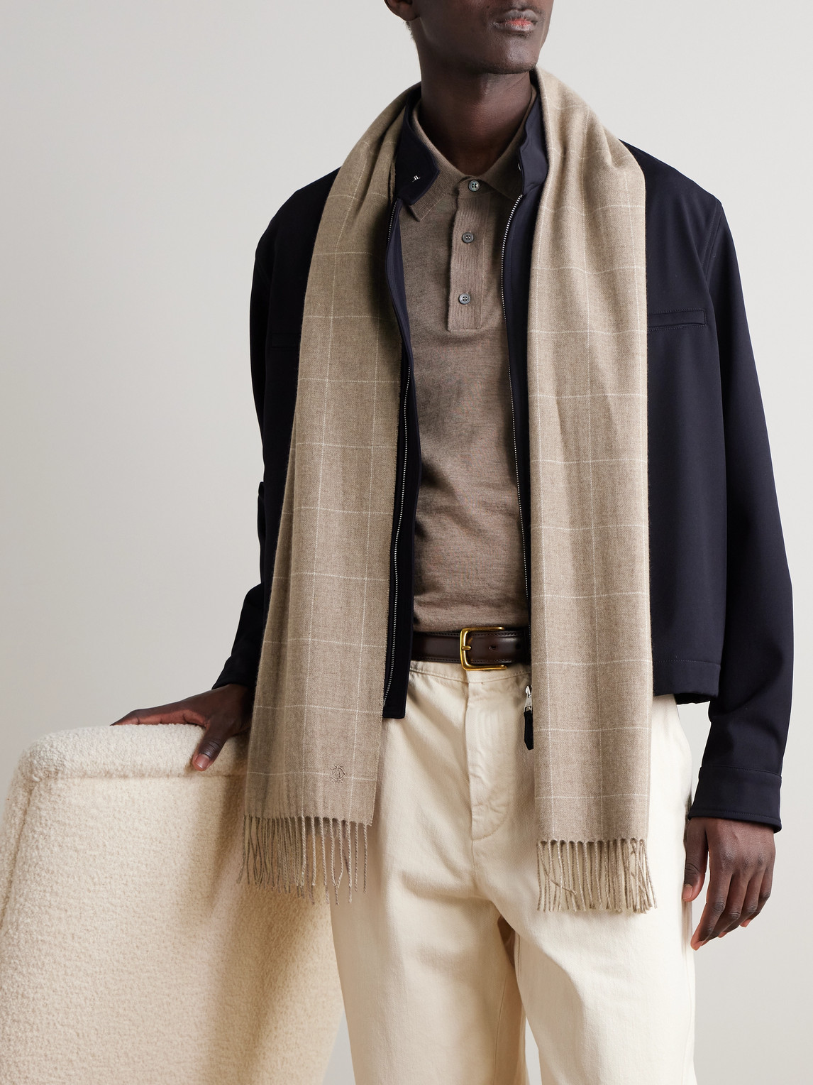 Dunhill Fringed Checked Cashmere Scarf In Gray