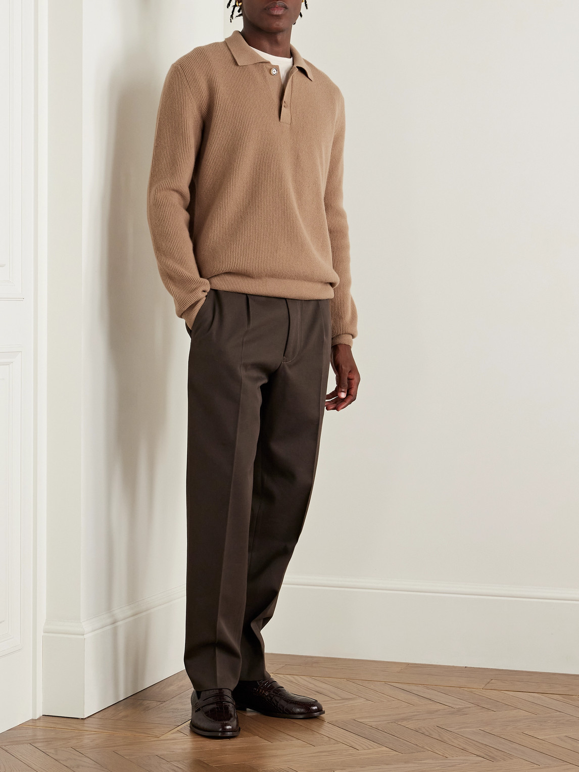 Lardini Ribbed Virgin Wool And Cashmere-blend Polo Sweater In Brown