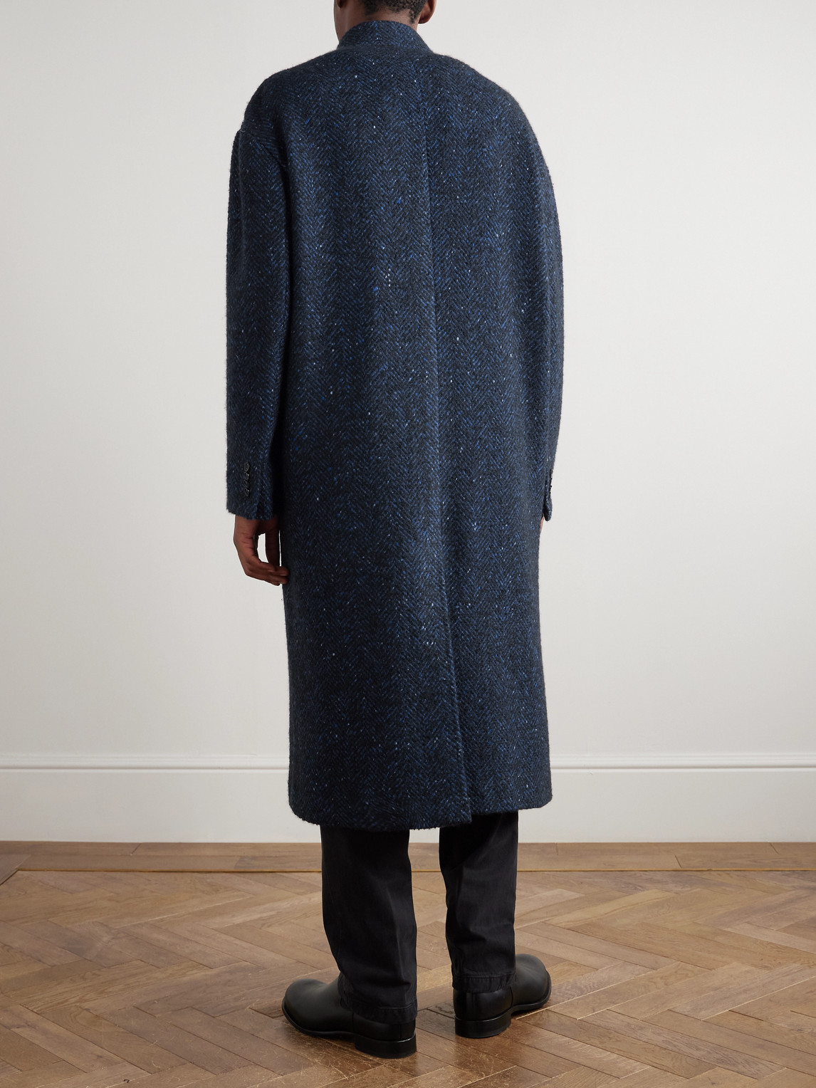 Kiton Herringbone Virgin Wool, Cashmere And Silk-blend Overcoat In Blue