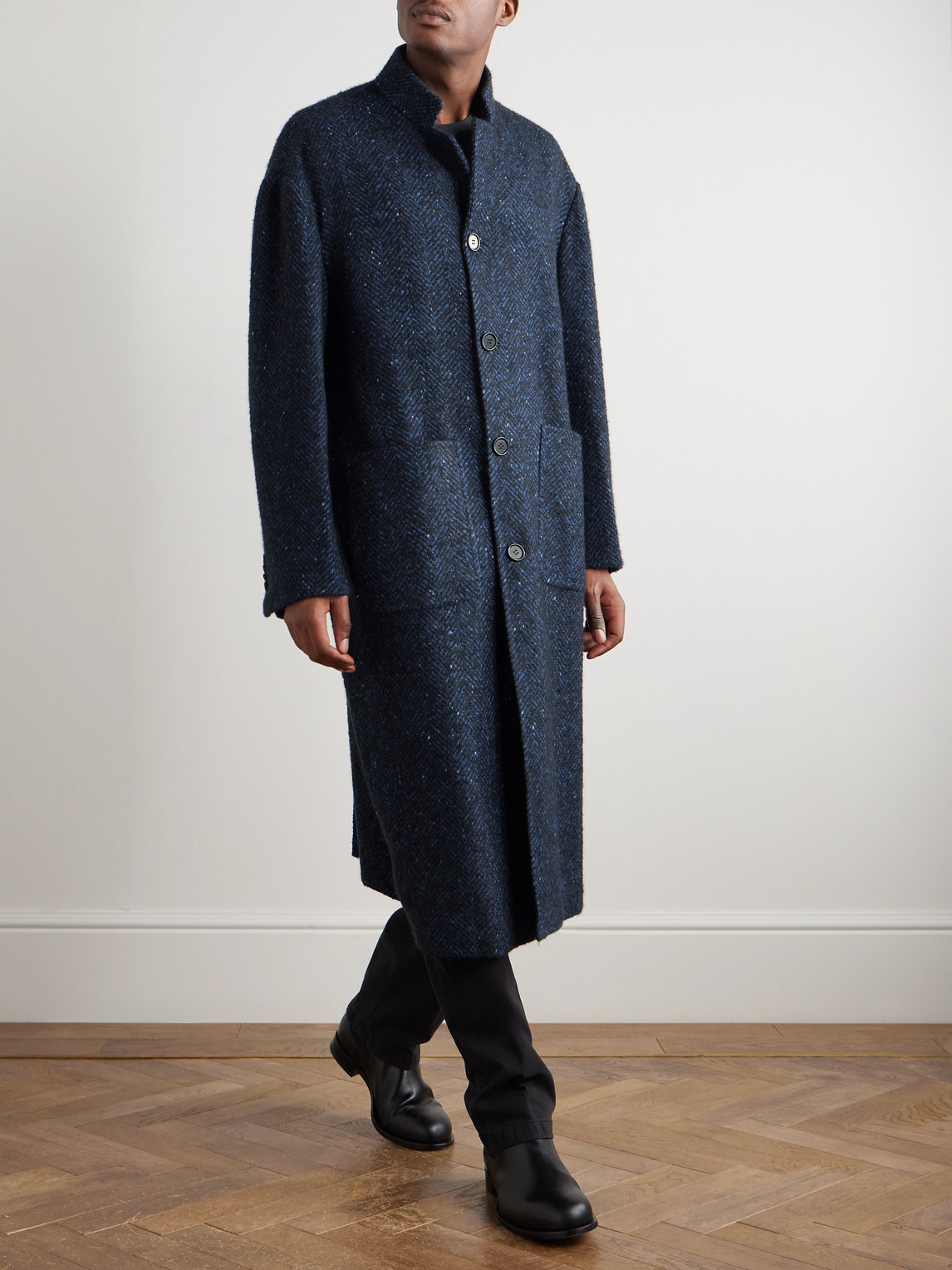 Kiton Herringbone Virgin Wool, Cashmere And Silk-blend Overcoat In Blue