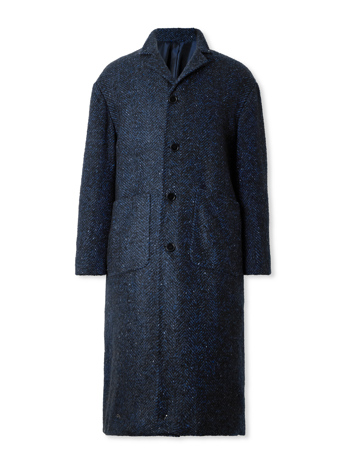 Kiton Herringbone Virgin Wool, Cashmere And Silk-blend Overcoat In Blue