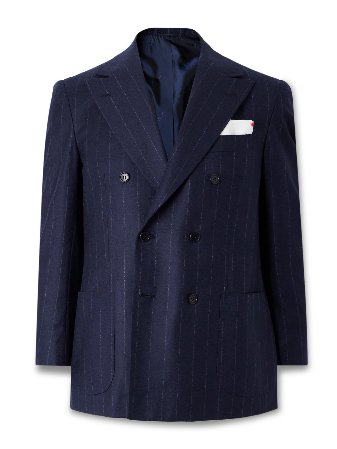 Kiton Double-breasted Pinstriped Virgin Wool And Cashmere-blend Flannel Suit Jacket In Blue