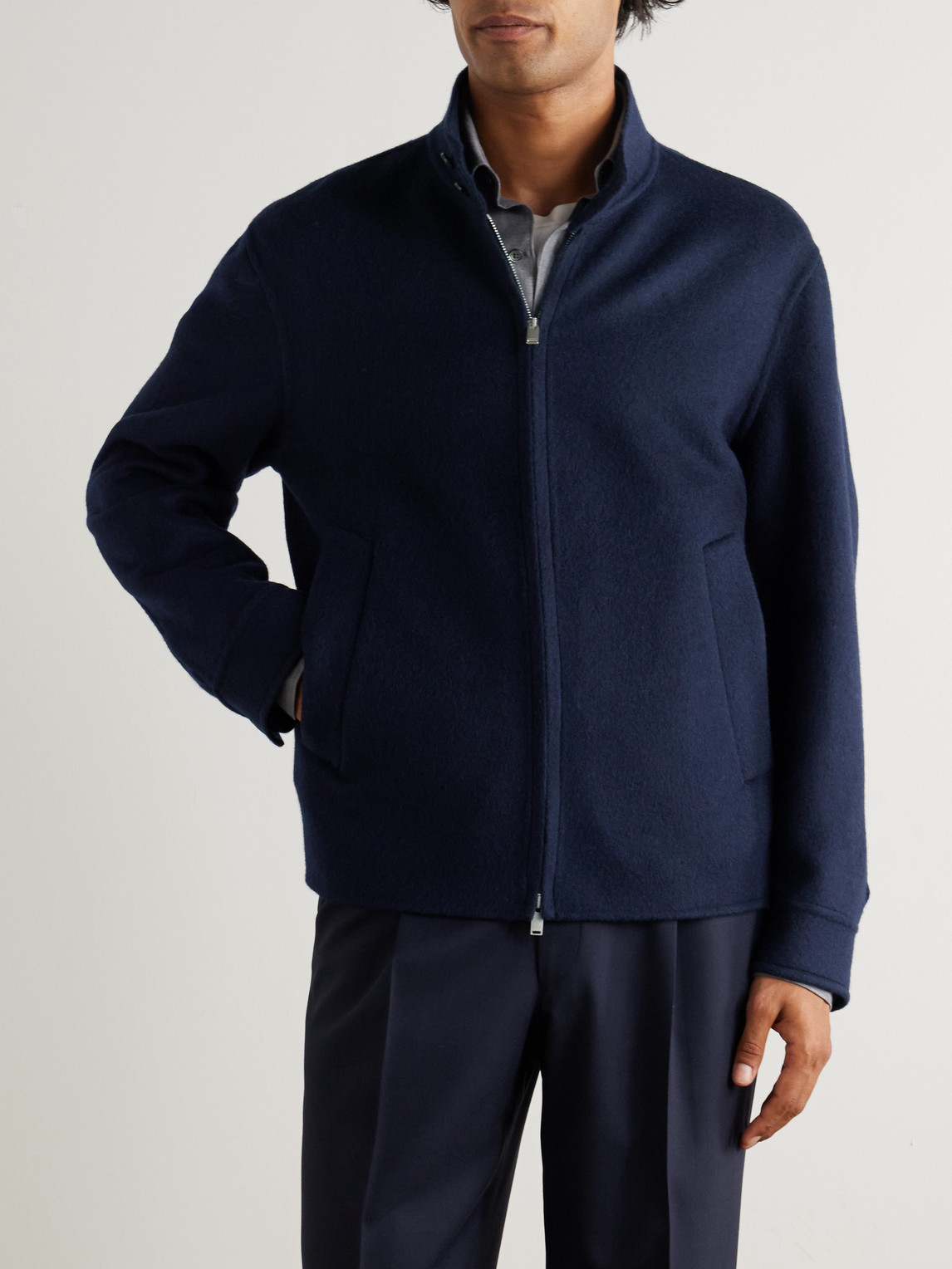 Lardini Brushed Wool And Cashmere-blend Bomber Jacket In Blue