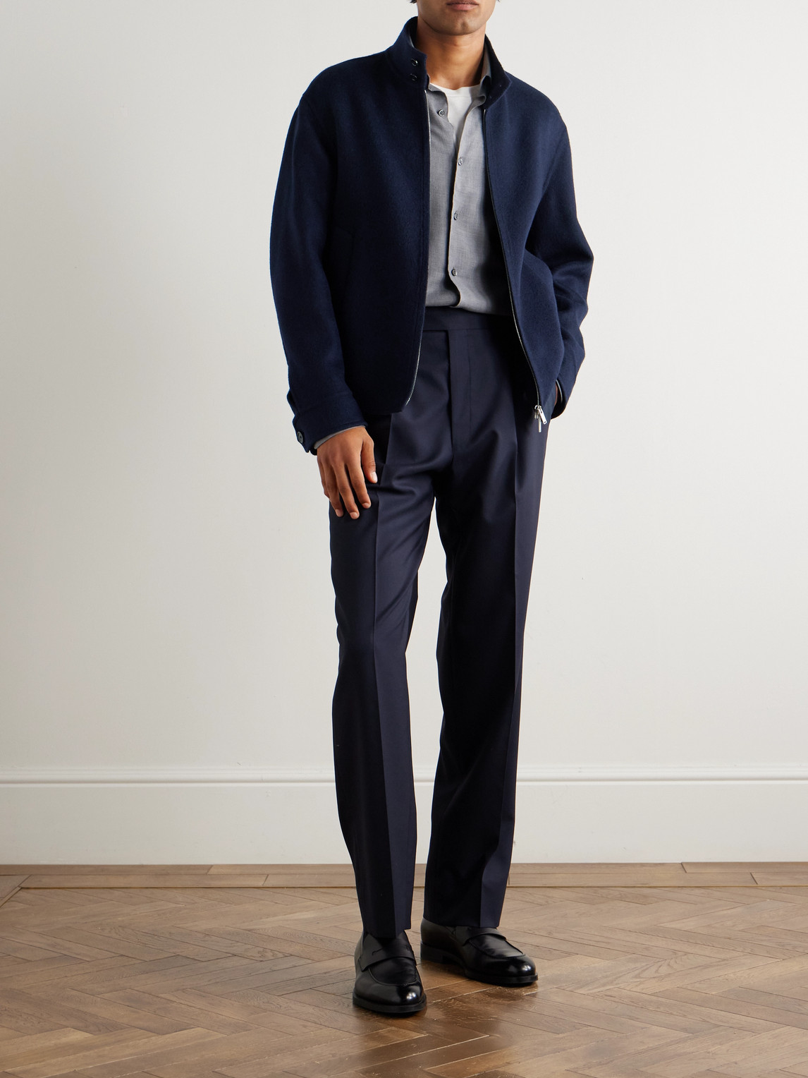 Lardini Brushed Wool And Cashmere-blend Bomber Jacket In Blue
