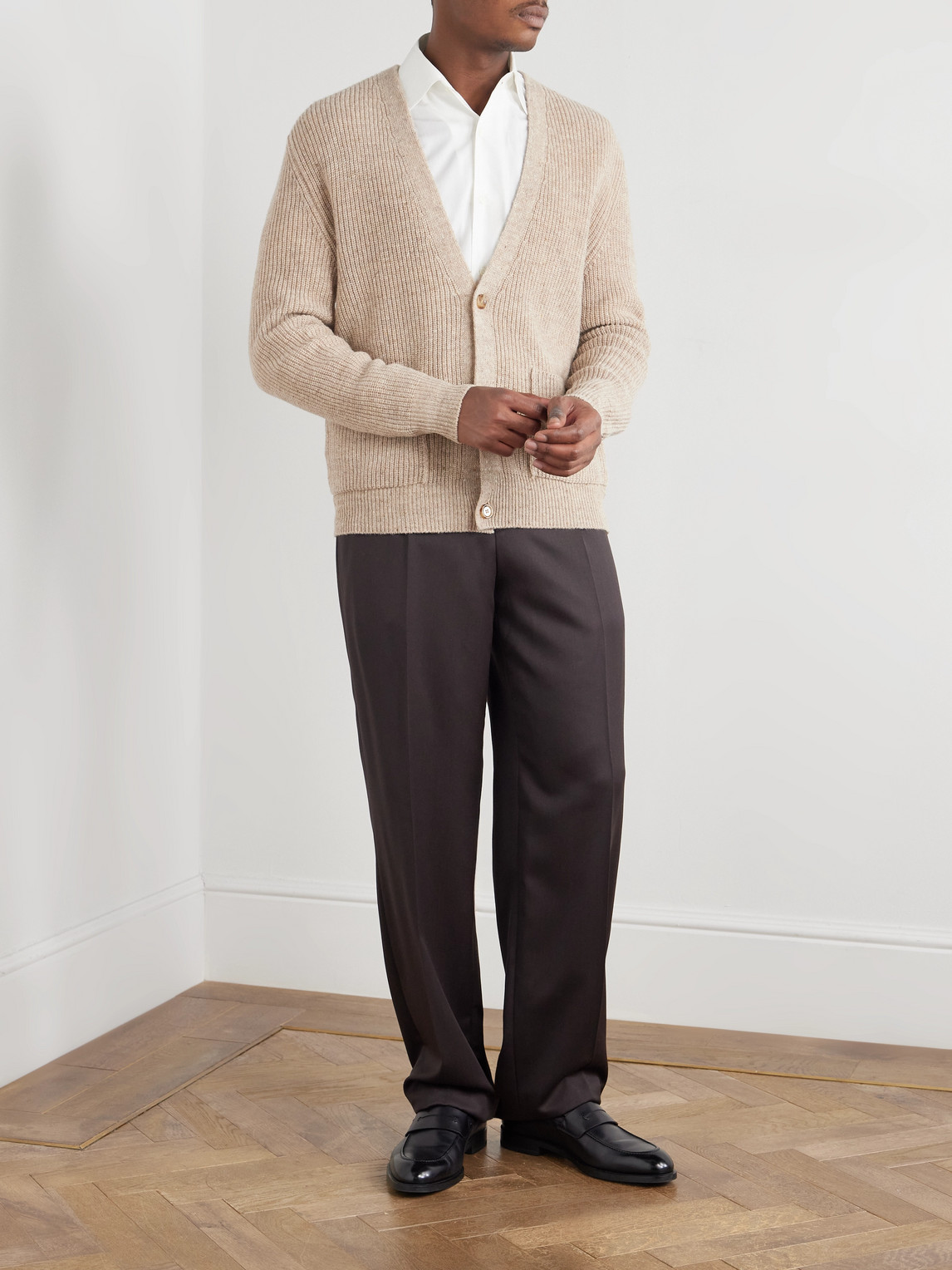 Lardini Ribbed Wool Cardigan In Neutral